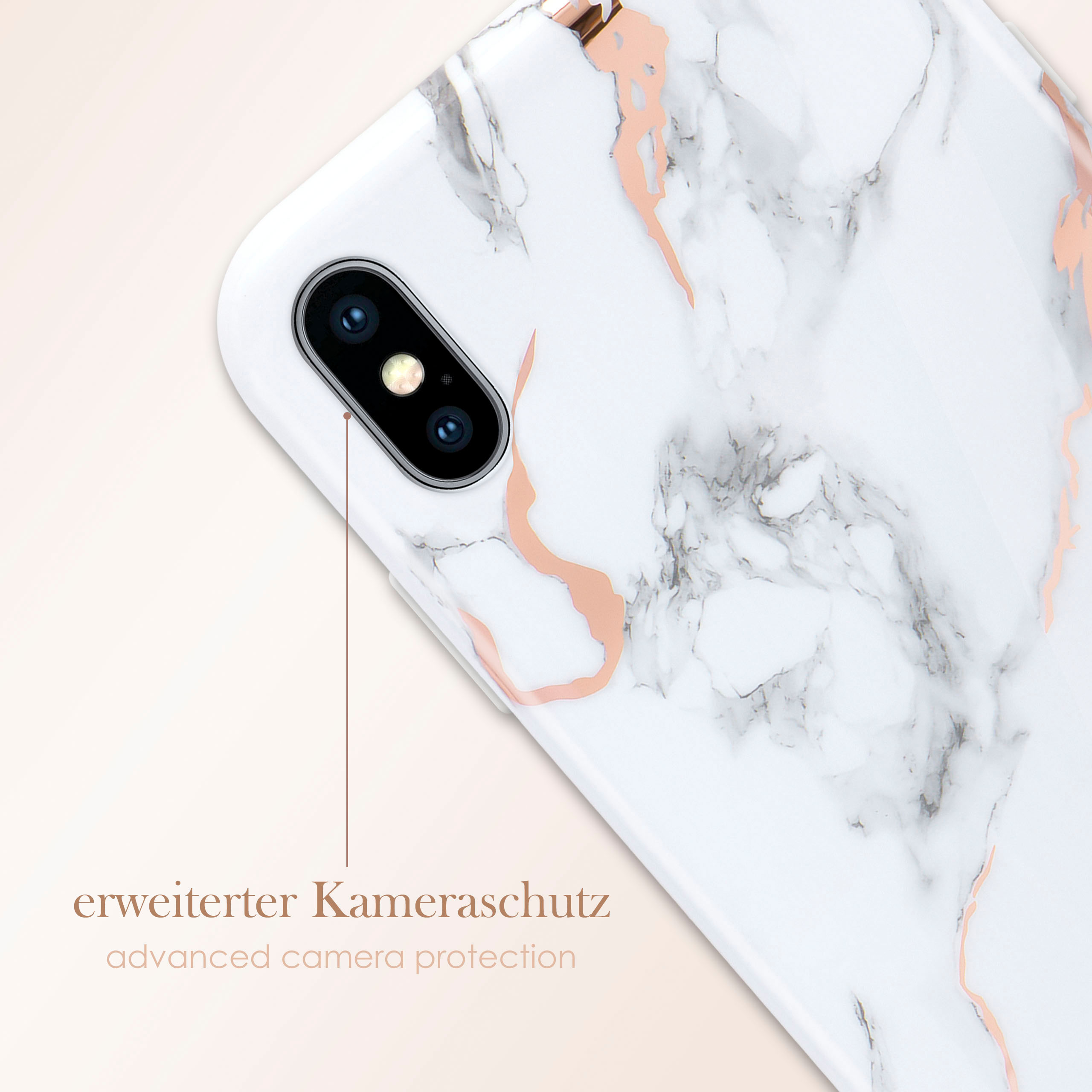 Eine weiße Handyhülle mit Marmordesign und roségoldenen Akzenten, mit Text zum Kameraschutz.