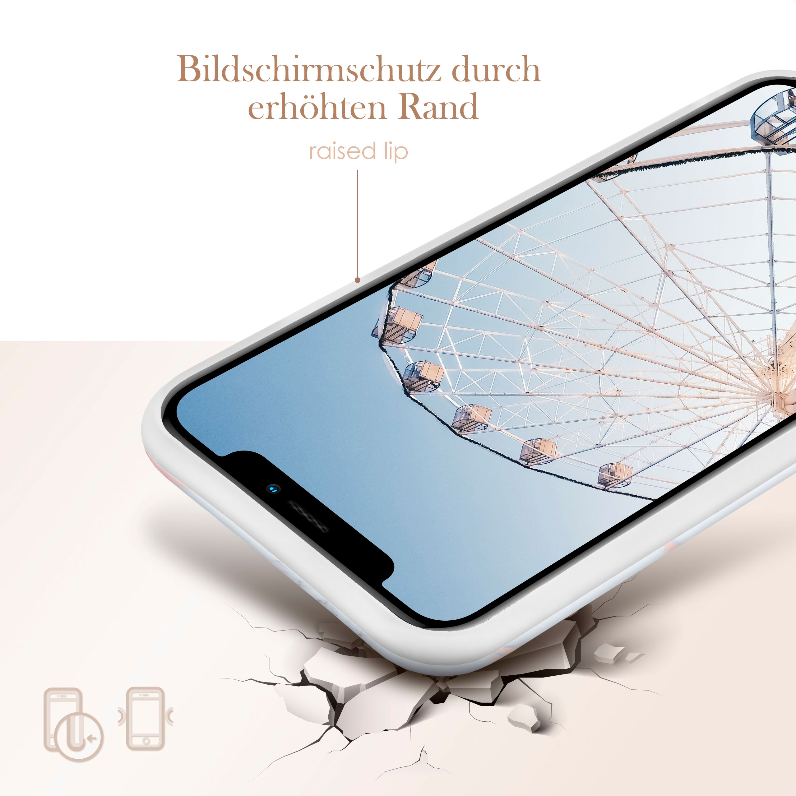 Handyhülle mit einem Riesenradbild. Text: Bildschirmschutz, erhöhter Rand.