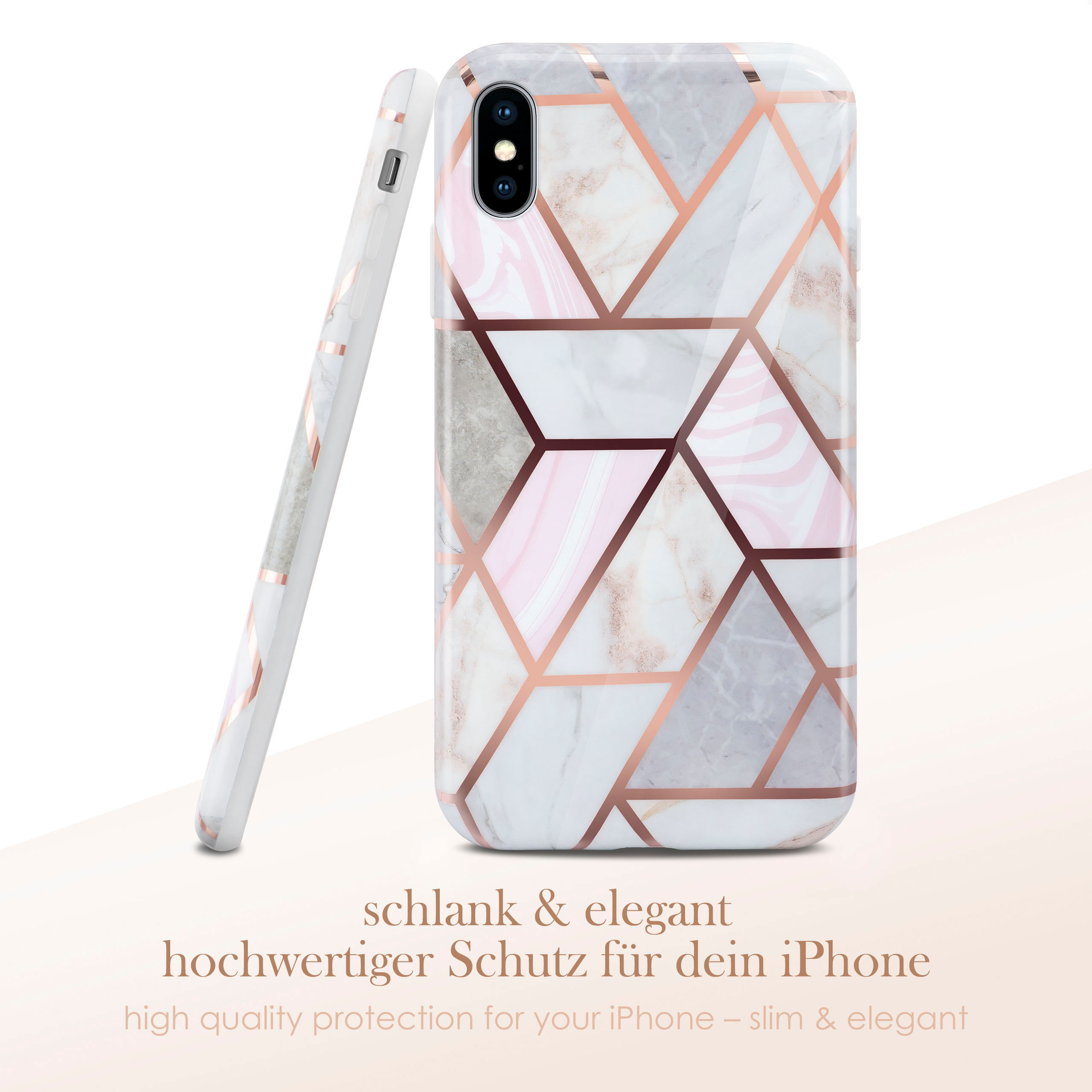 Weiße Handyhülle mit geometrischem Marmormuster. Text: Hochwertiger Schutz für dein iPhone.