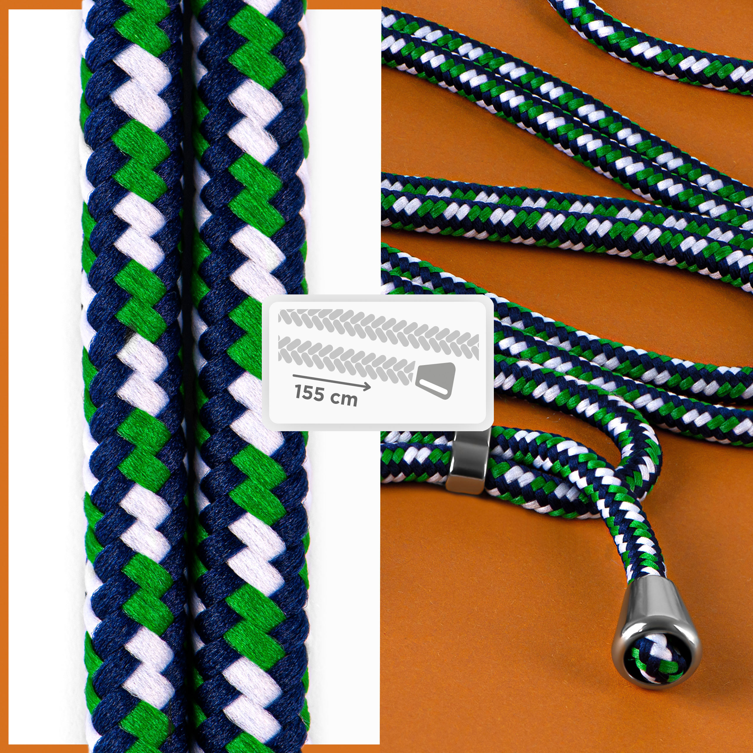 Zwei farbige Kabel, blau, grün und weiß, mit einer Messgrafik und einem silbernen Ende.
