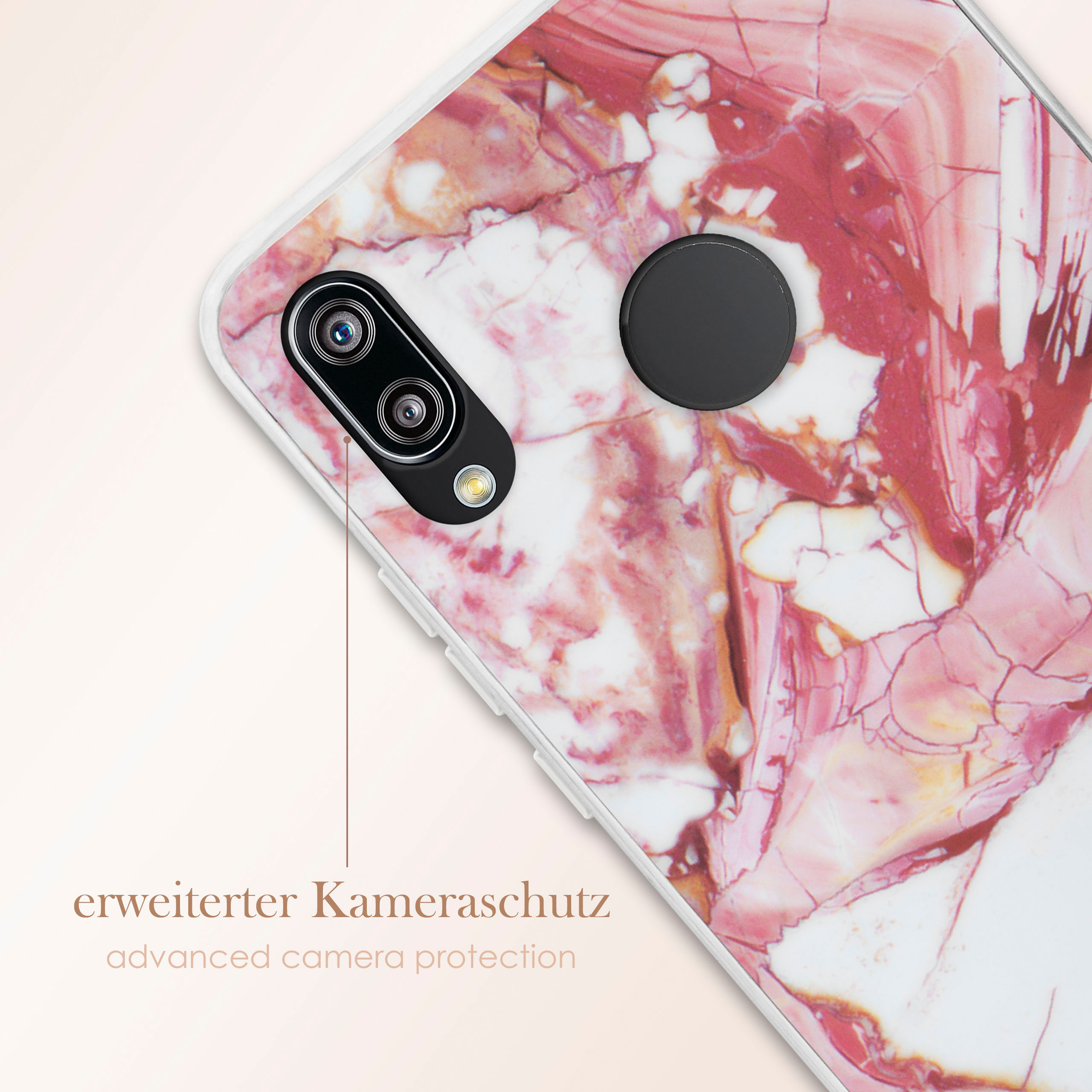 Eine Handyhülle mit rosa Marmordesign. Die Kamera ist sichtbar, Text: 'erweiterter Kameraschutz'.