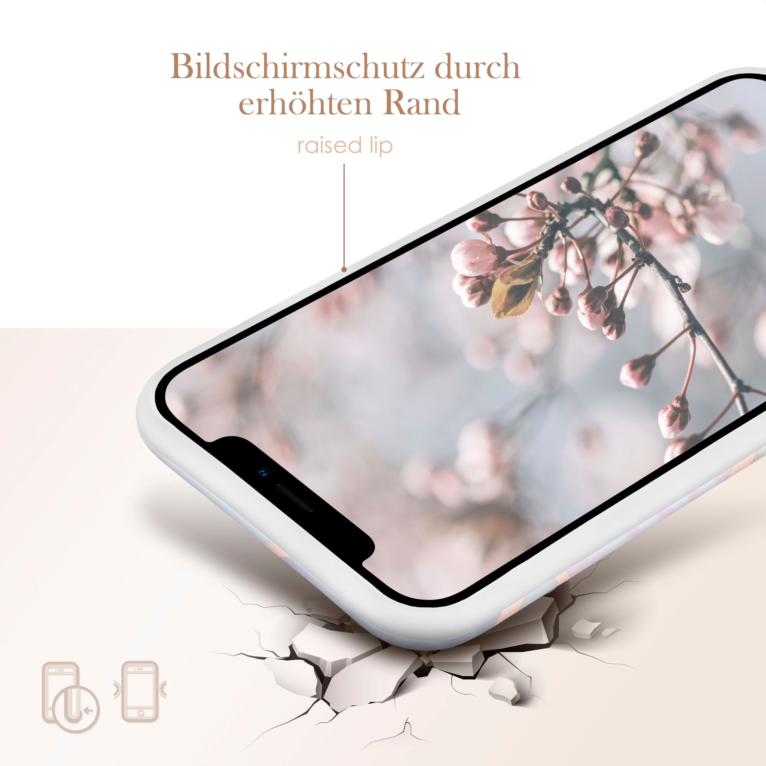 Weißes Handycase mit Blumendesign auf dem Bildschirm und Text über erhöhte Lippe.