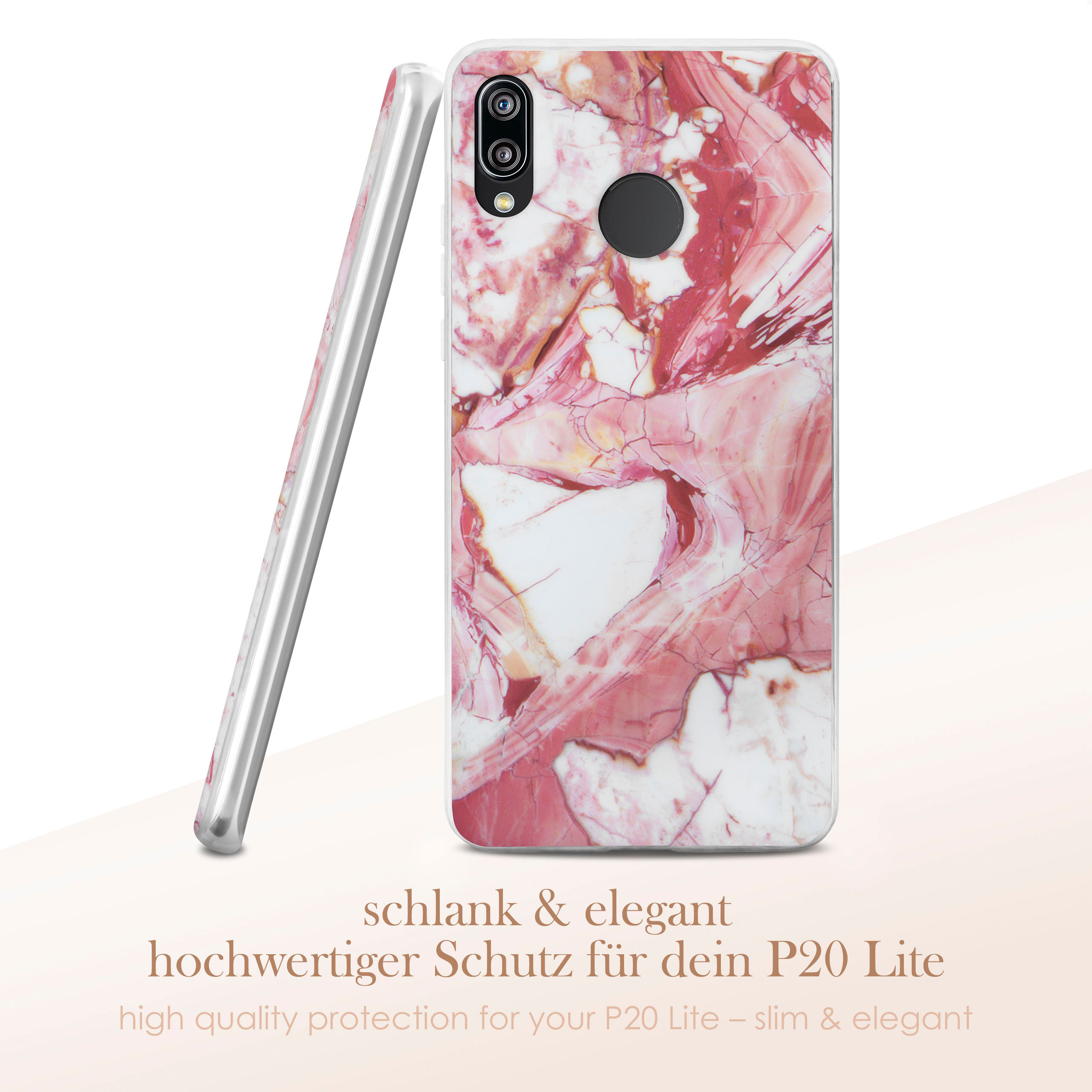 Handyhülle mit rosa Marmordesign, abgewinkelt, Vorder- und Seitenansicht.