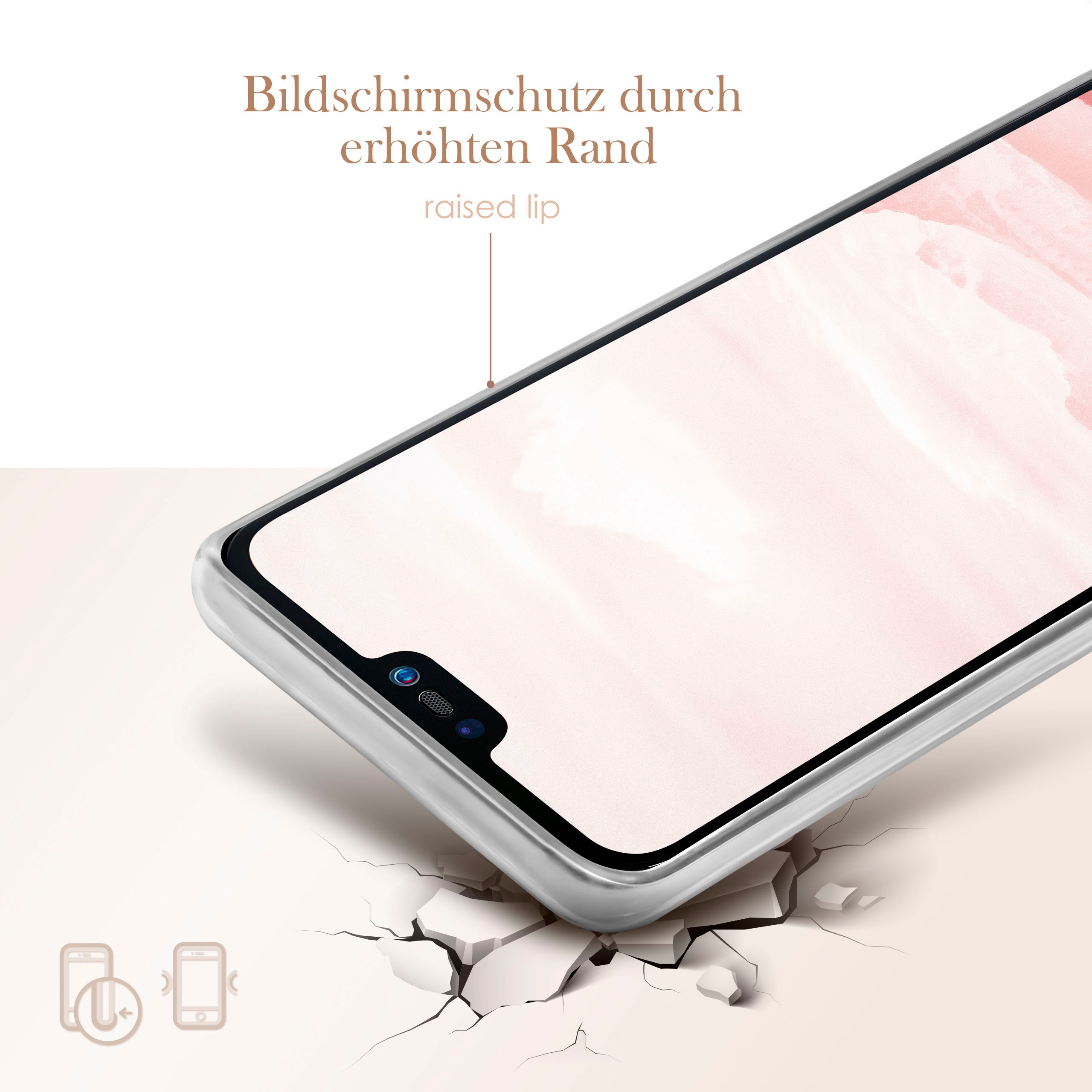 Eine Handyhülle mit erhöhtem Rand, der den Bildschirm schützt. Das Telefon wird mit einer Frau auf dem Bildschirm gezeigt.