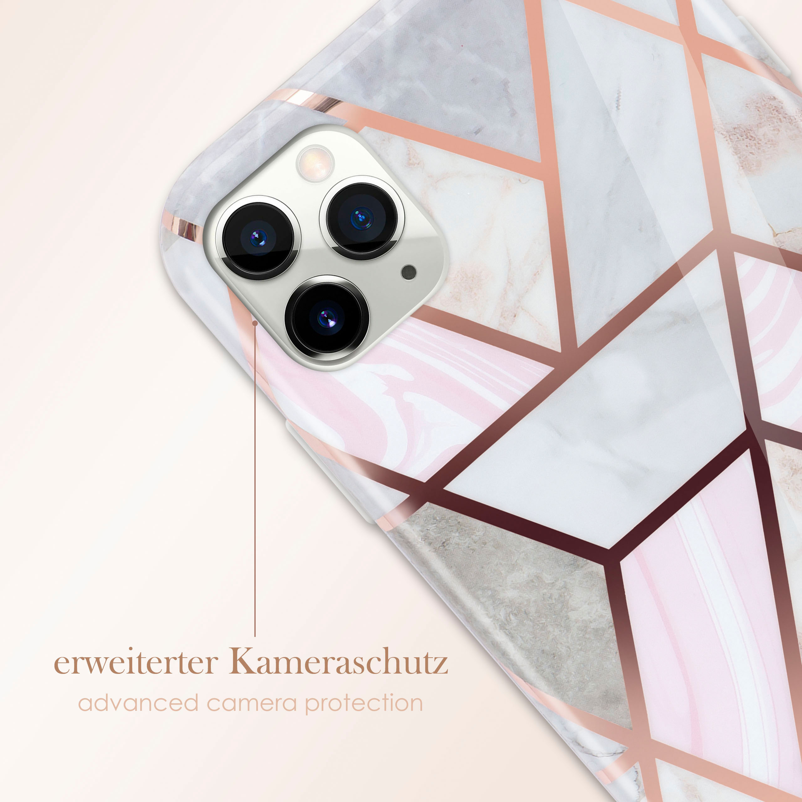 Marmor-Handyhülle mit roségoldenen Akzenten, erweiterter Kameraschutz.