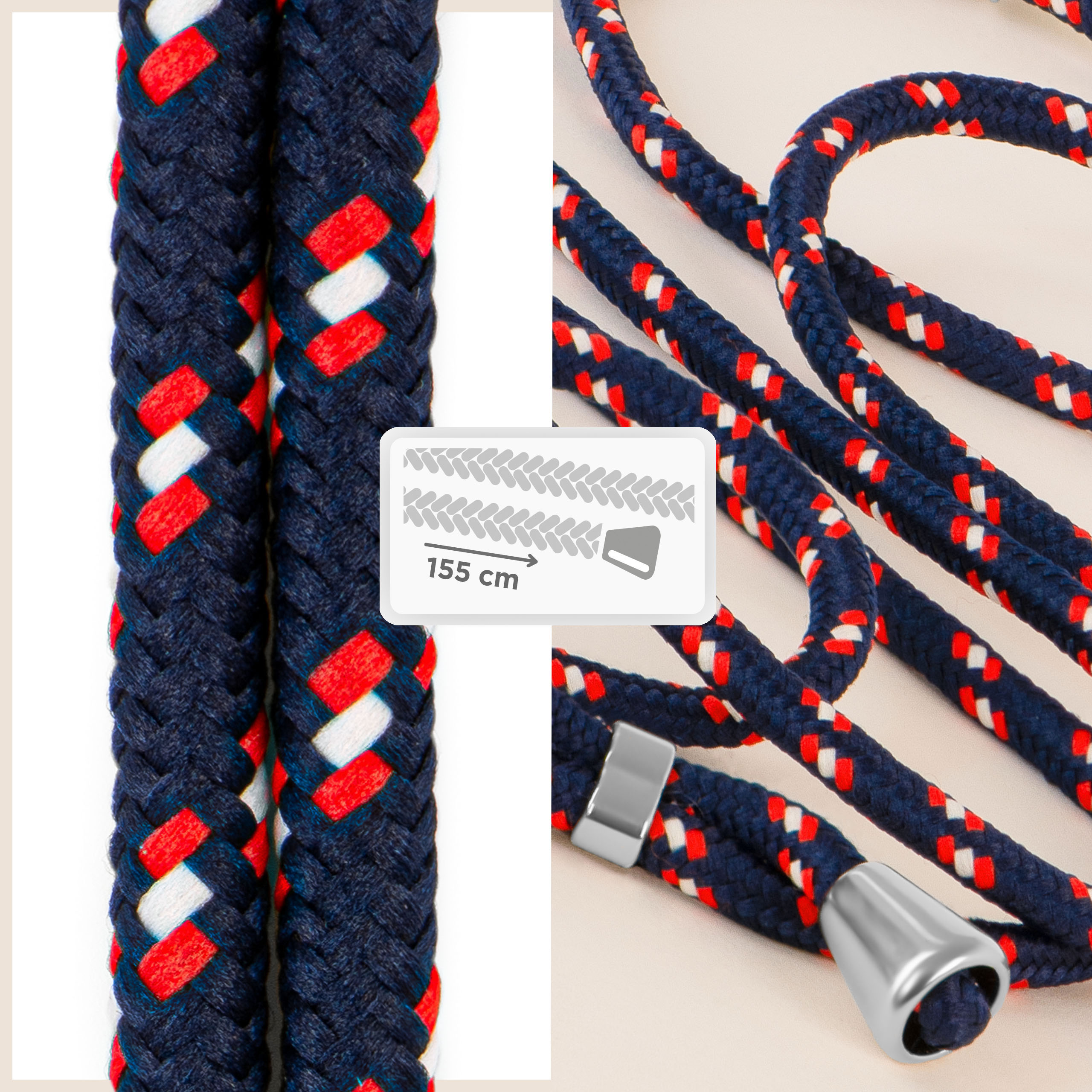 Marineblaues und rotes Seil, geflochtenes Muster, mit Metallenden.