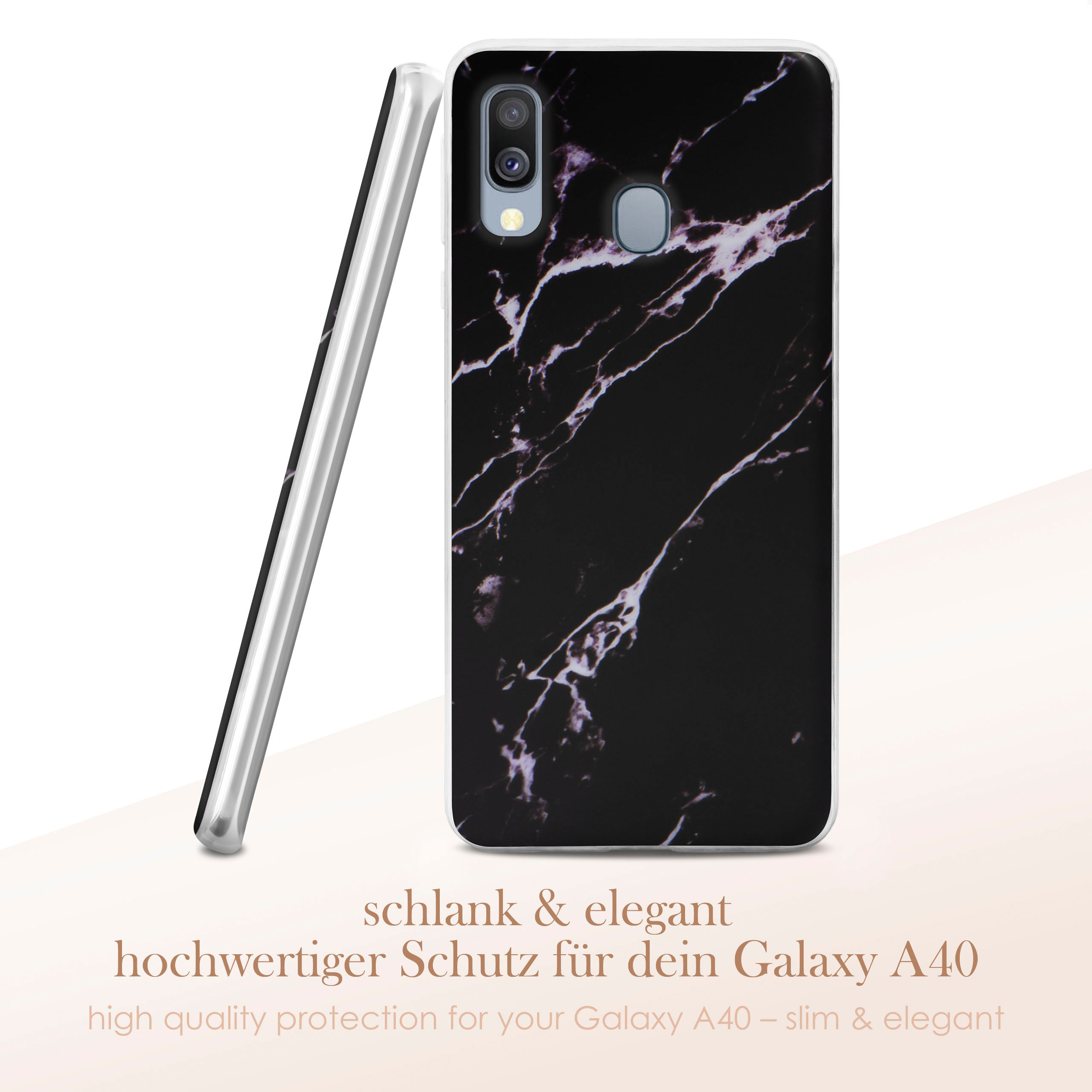 Handyhülle mit Marmordesign, schwarz und weiß. Steht auf der Seite. Text auf Deutsch unten.