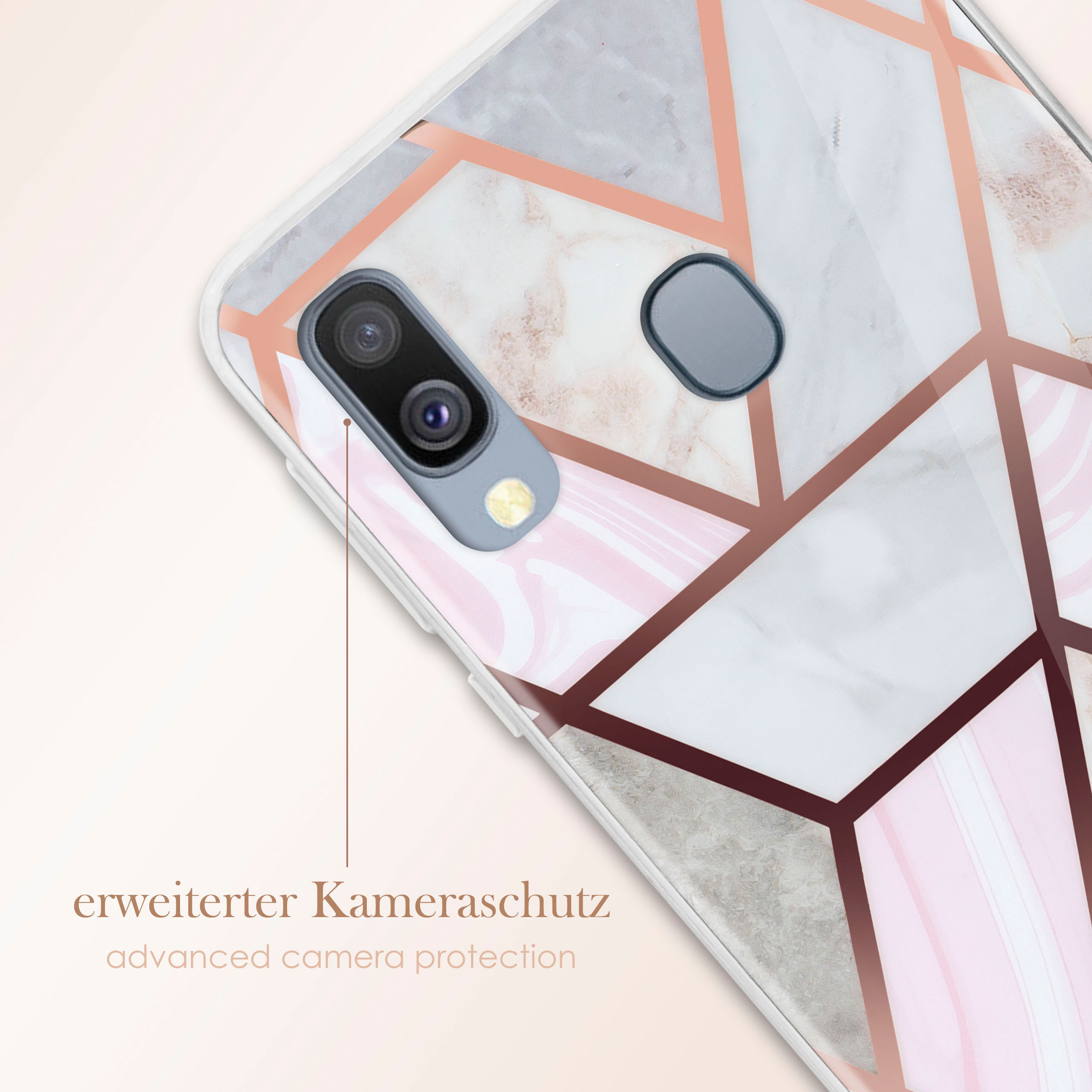 Handyhülle mit Marmor- und geometrischem Design, roségoldfarbener Umrandung, mit Text 'erweiterter Kameraschutz'.