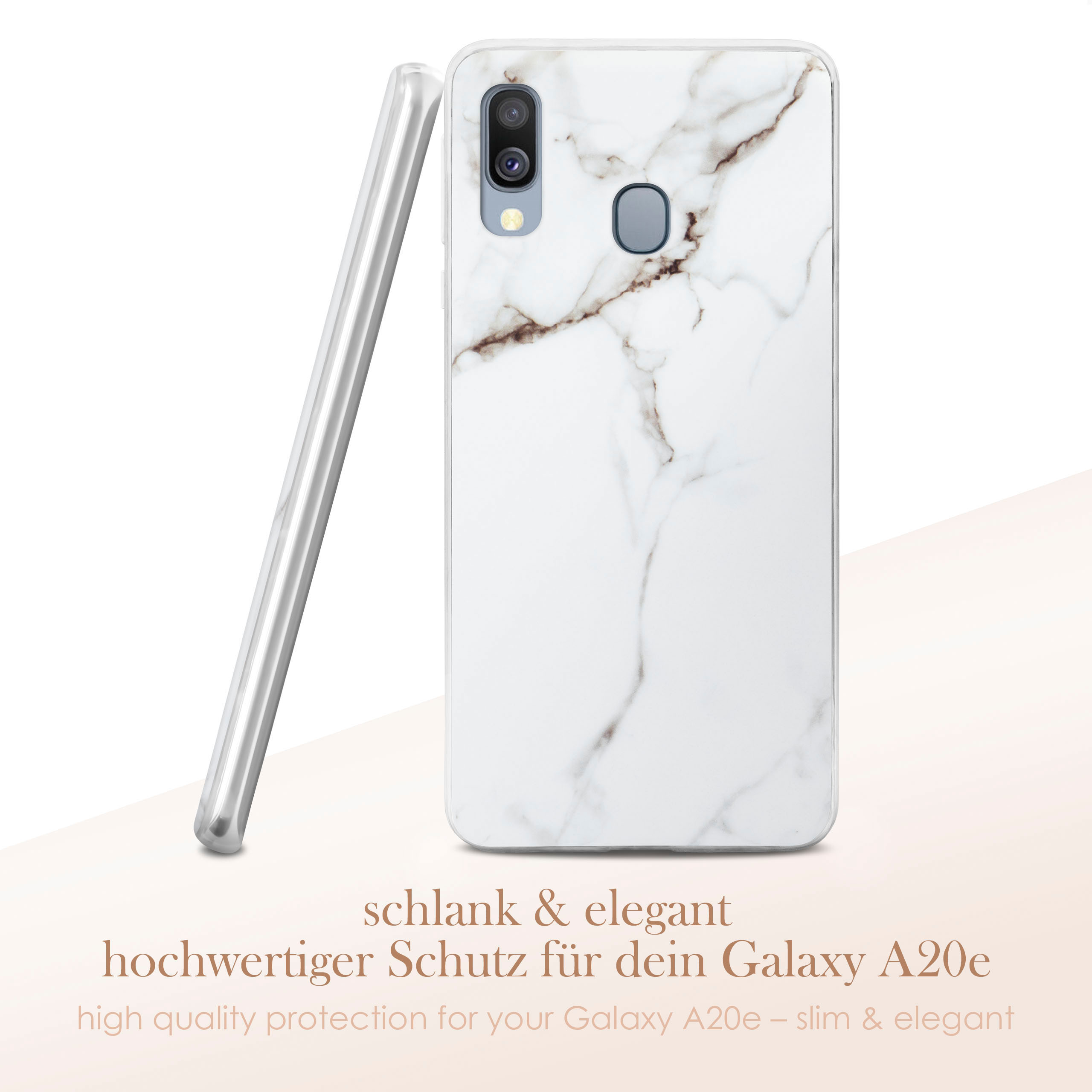 Weiße Marmor-Handyhülle mit braunen Maserungen. Zusätzliche Hülle seitlich gezeigt.