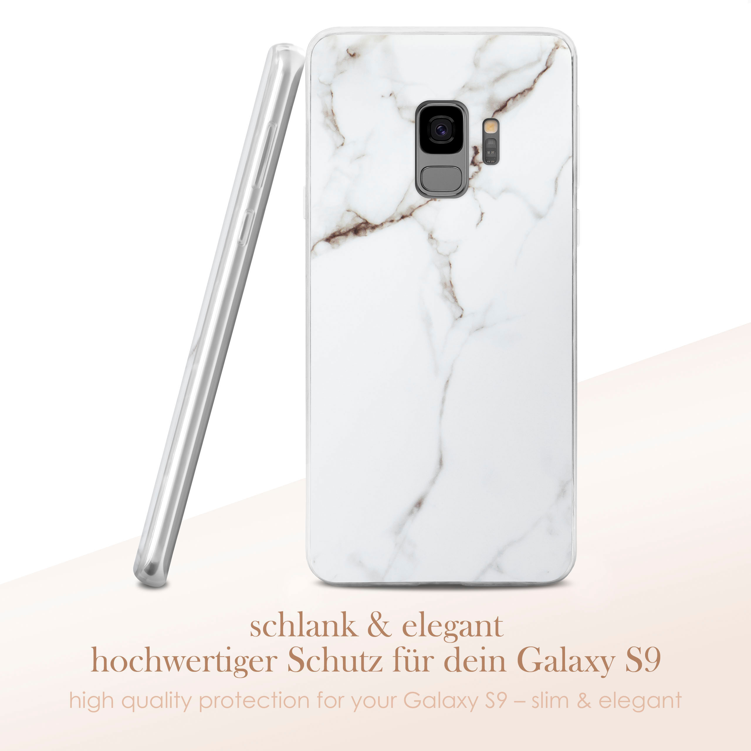 Weiße Marmor-Handyhülle. Text: Hochwertiger Schutz für Ihr Galaxy S9. Seitenansicht der Hülle.