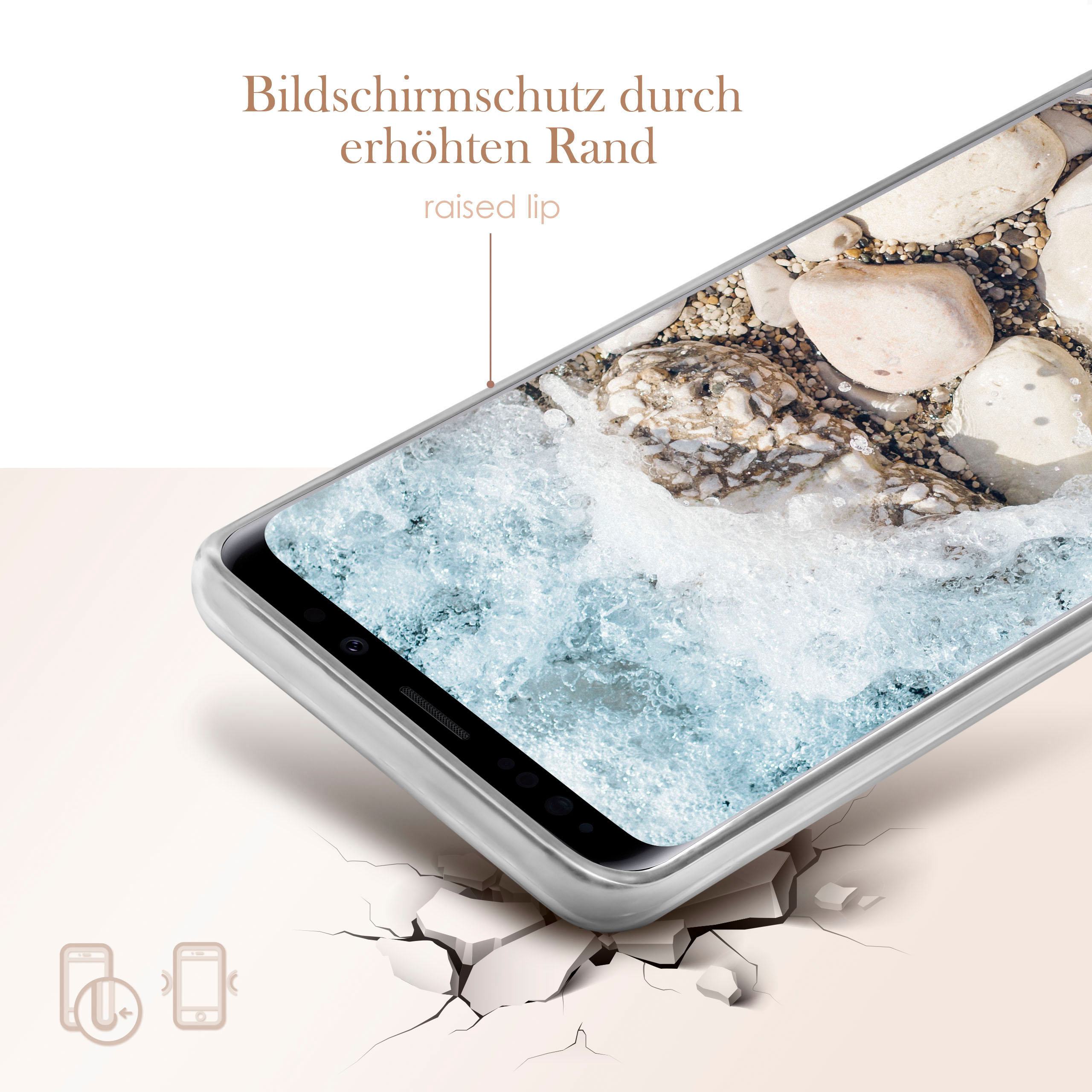 Handyhülle mit Felsen- und Wasserszene. Text: erhöhter Rand für Bildschirmschutz.