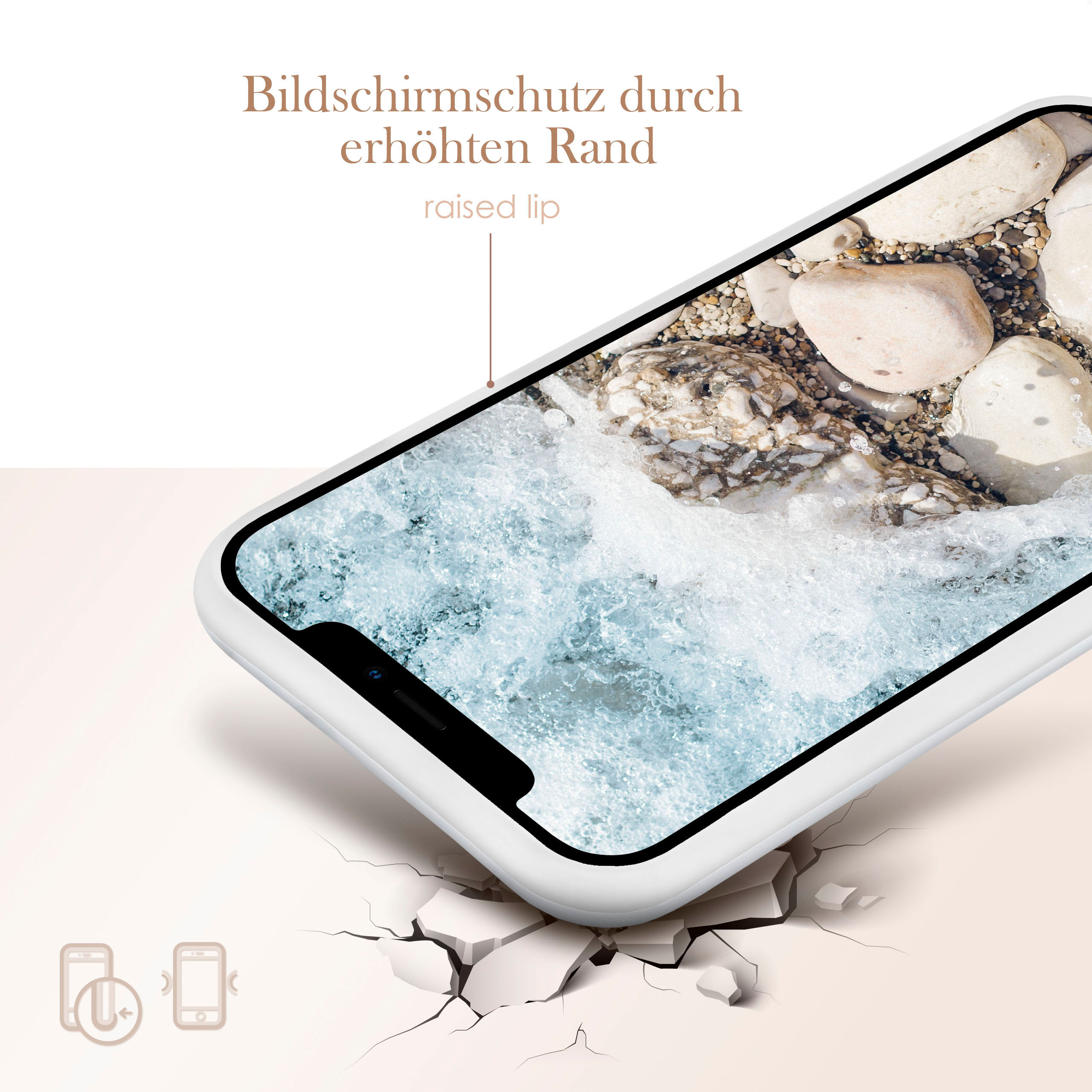Weißes Handycase mit felsenartigem Bild, erhöhter Rand gezeigt, Fragmente im Vordergrund.