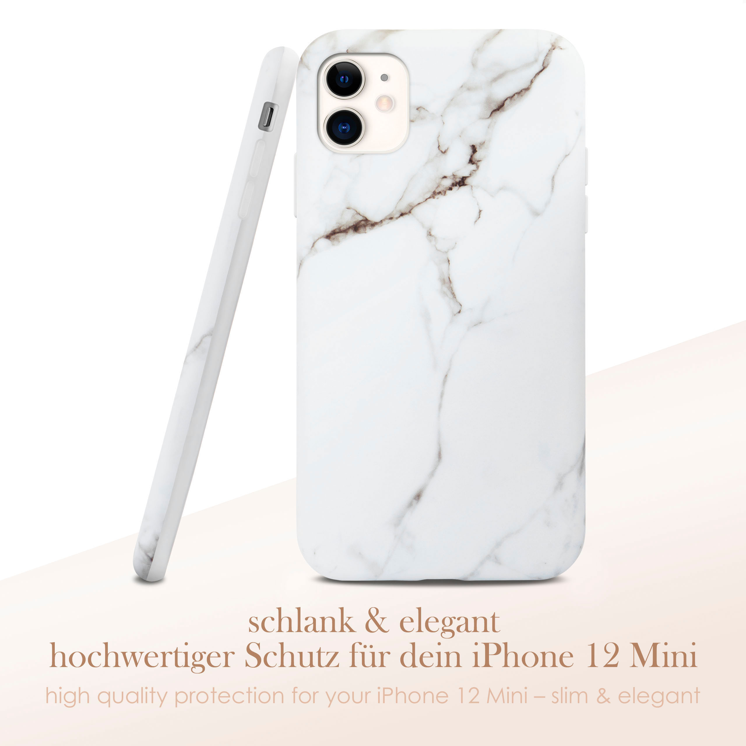 Weißes Marmor-Handycase. Das Case wird neben dem Handy gezeigt.