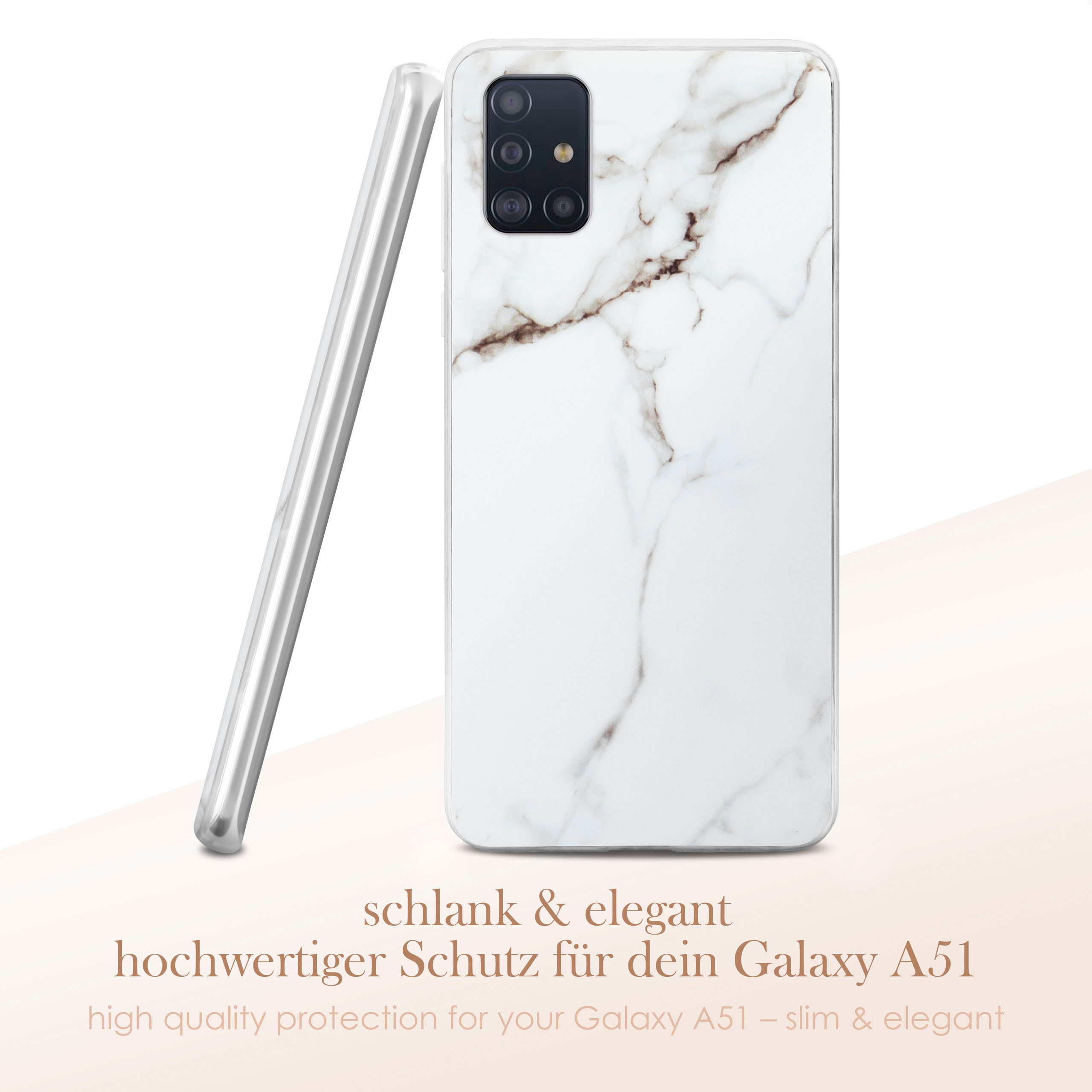 Weiße Marmor-Handyhülle. Text: schlank & elegant, hochwertiger Schutz.