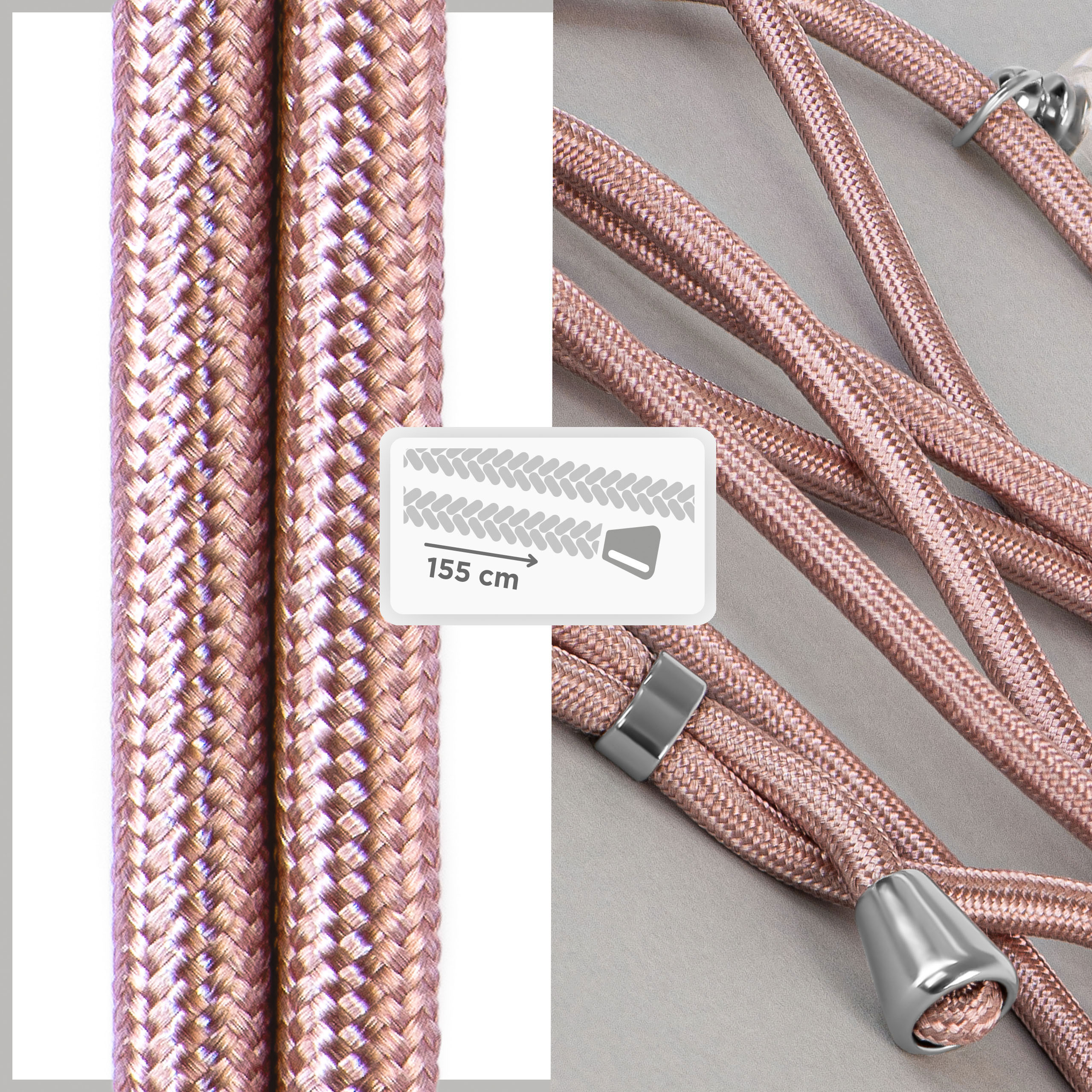Nahaufnahme von rosa Telefonkabeln. Die Kabel sind geflochten. Details des Kabels und seine Länge sind sichtbar.