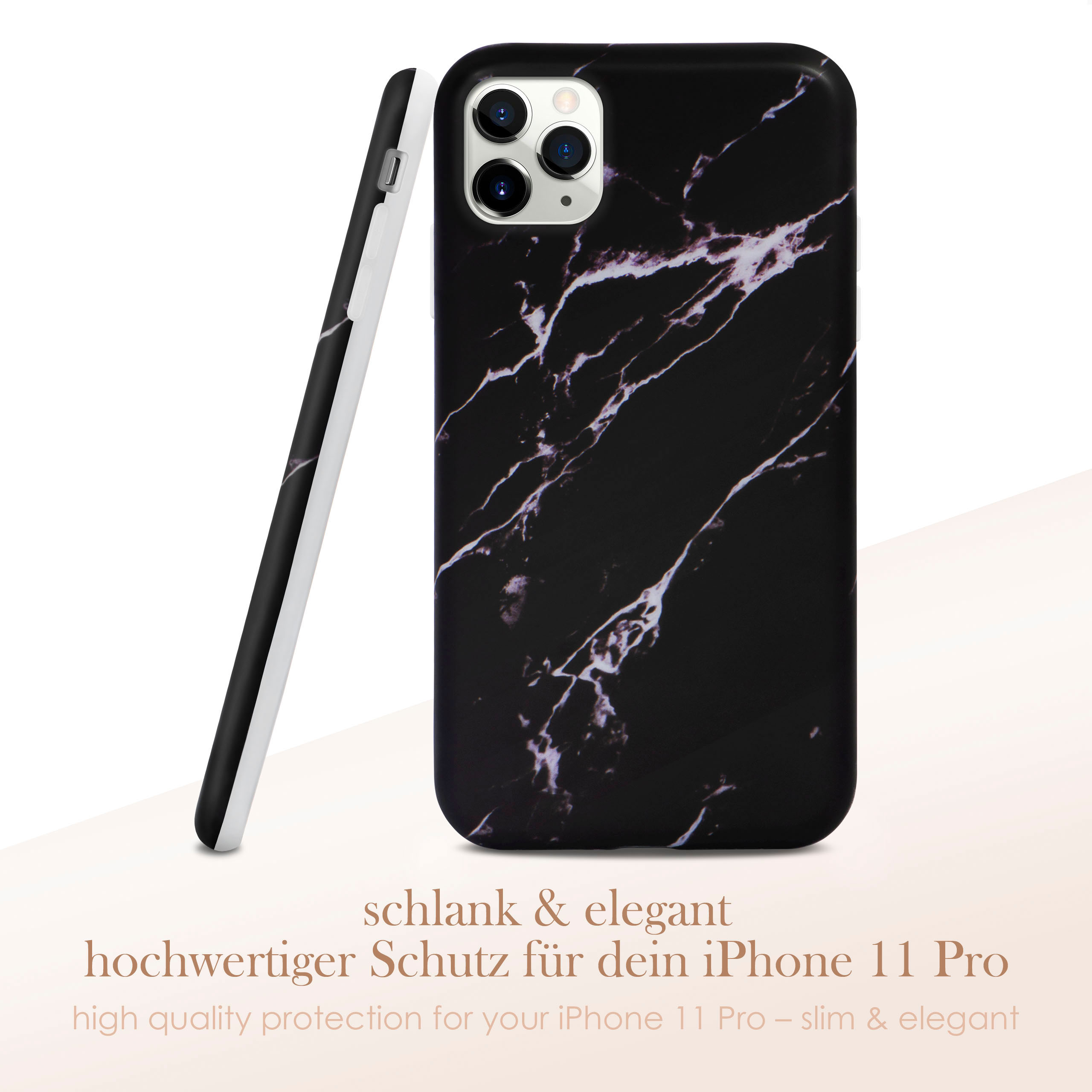 Schwarze Marmor-iPhone 11 Pro Hülle, abgewinkelt, um die Seite zu zeigen. Text: schlank & elegant, hochwertiger Schutz.
