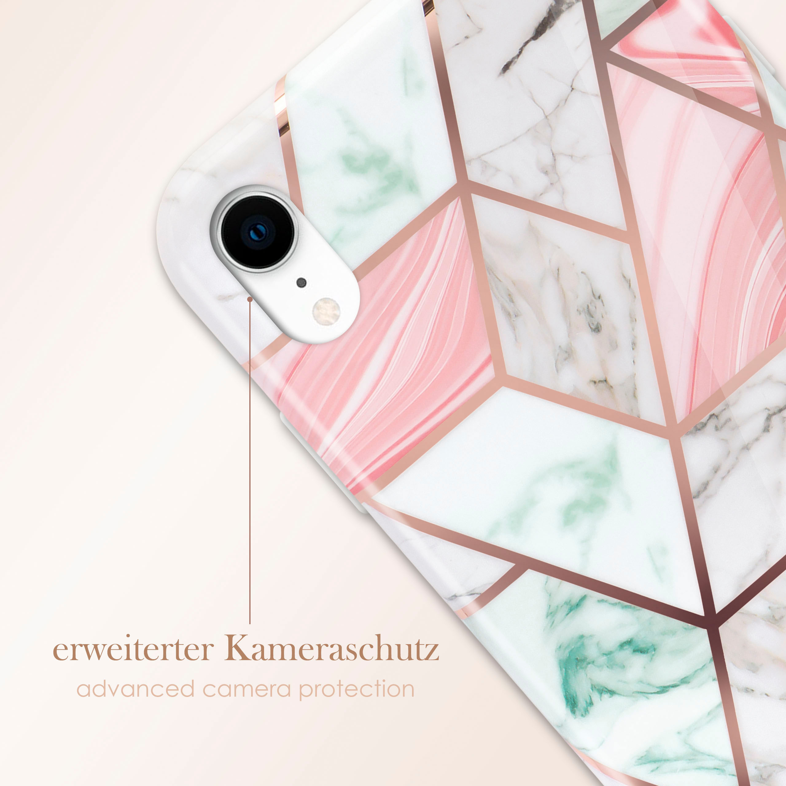 Eine Handyhülle mit Marmordesign. Die Kamera ist sichtbar, Text: 'erweiterter Kameraschutz'.