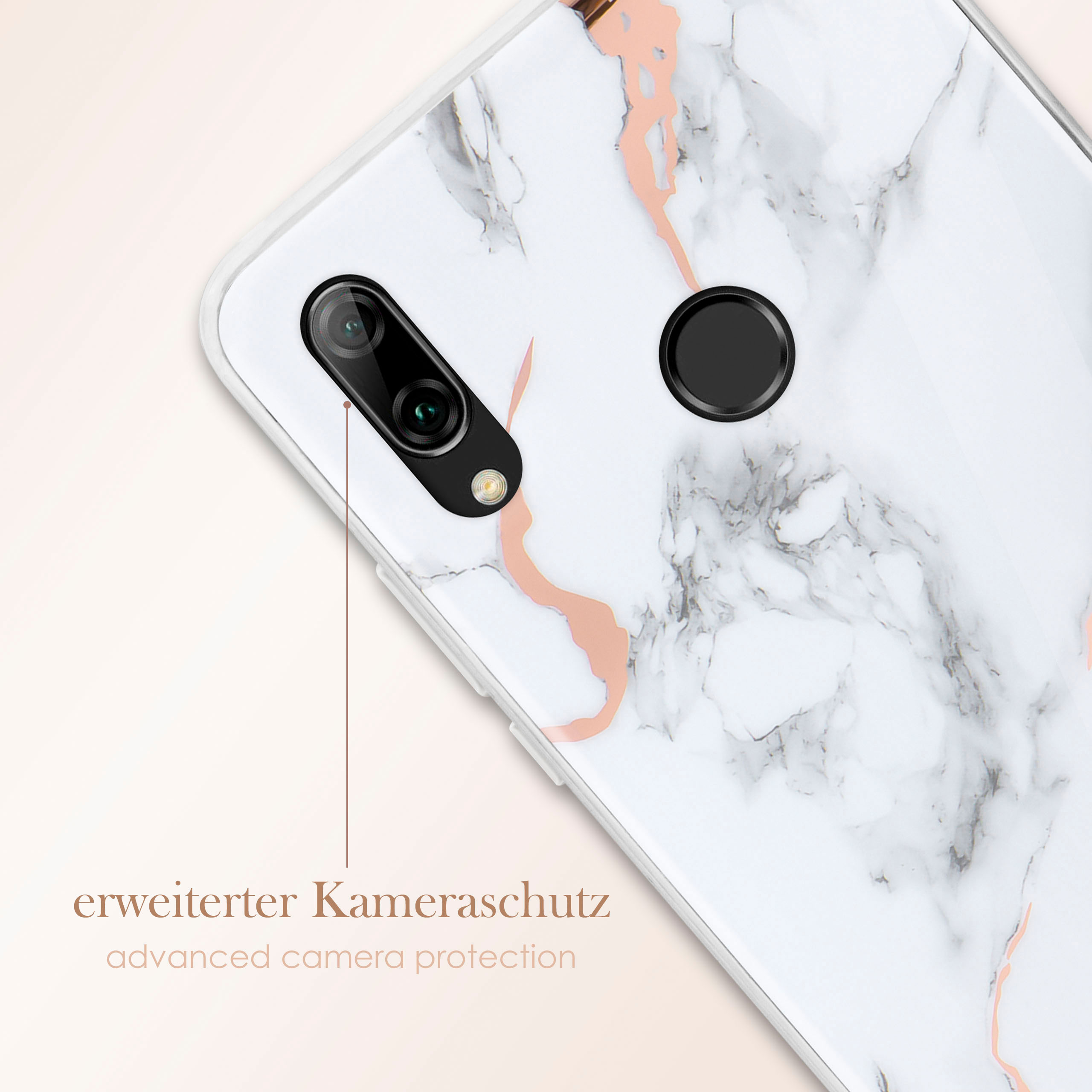 Weißes Handycase mit Marmoreffekt und Kupferakzenten. Kameralinsen sind sichtbar.