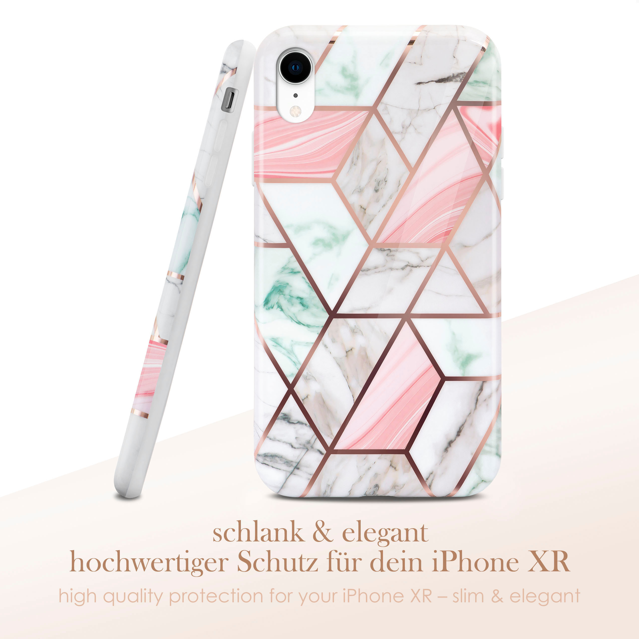 Handyhülle mit Marmormuster und geometrischen Formen. Text: schlank & elegant, hochwertiger Schutz.