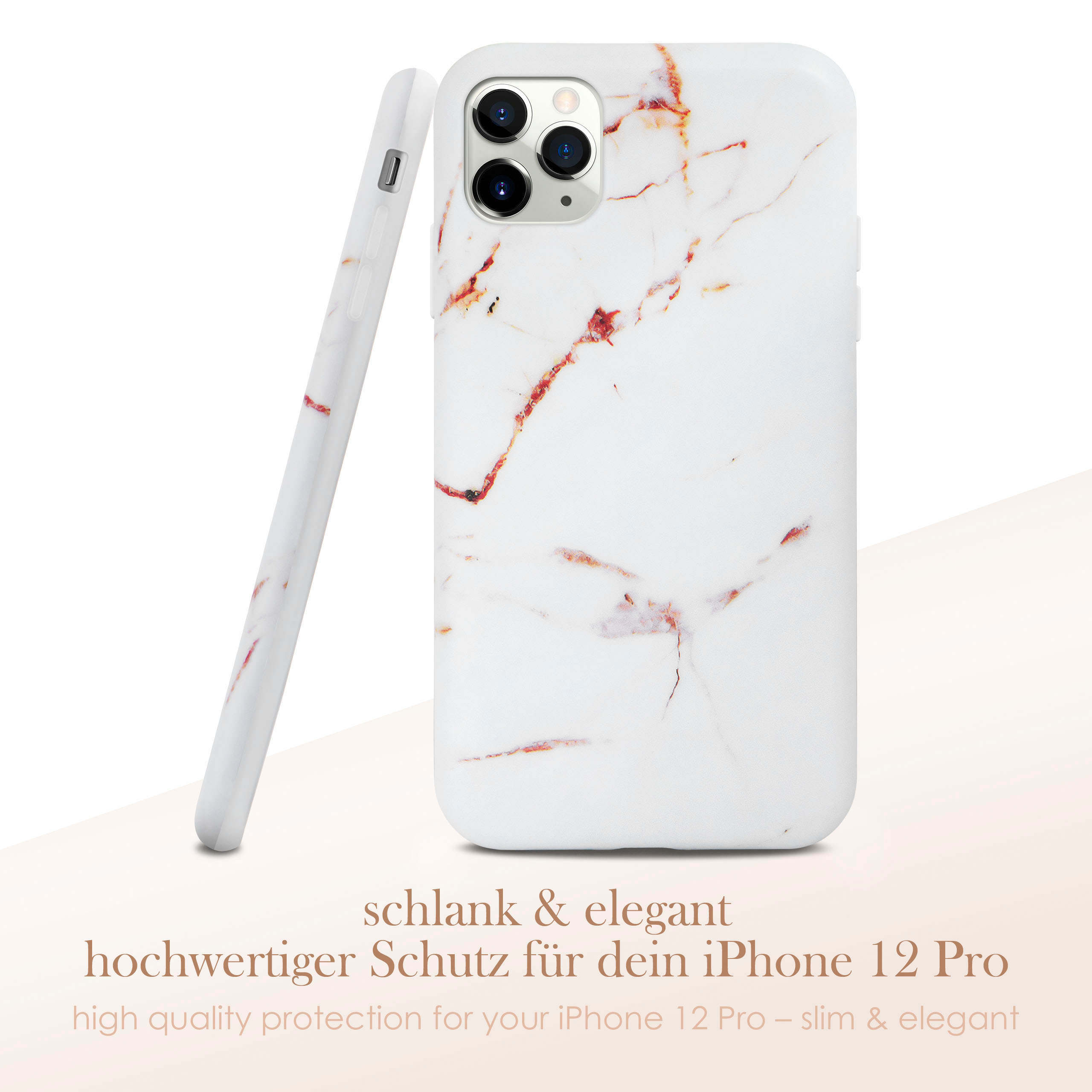 Handyhülle. Weiße Hülle mit rotem Marmormuster und dem Text 'schlank & elegant'.