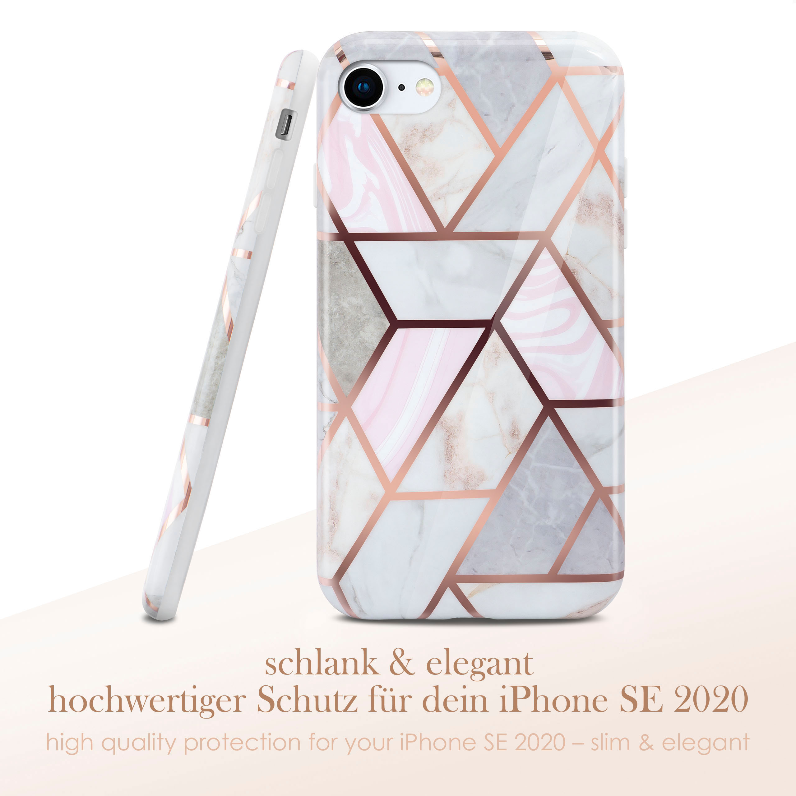 Weiße Handyhülle mit Marmordesign und roségoldenen Akzenten, mit Text darunter.