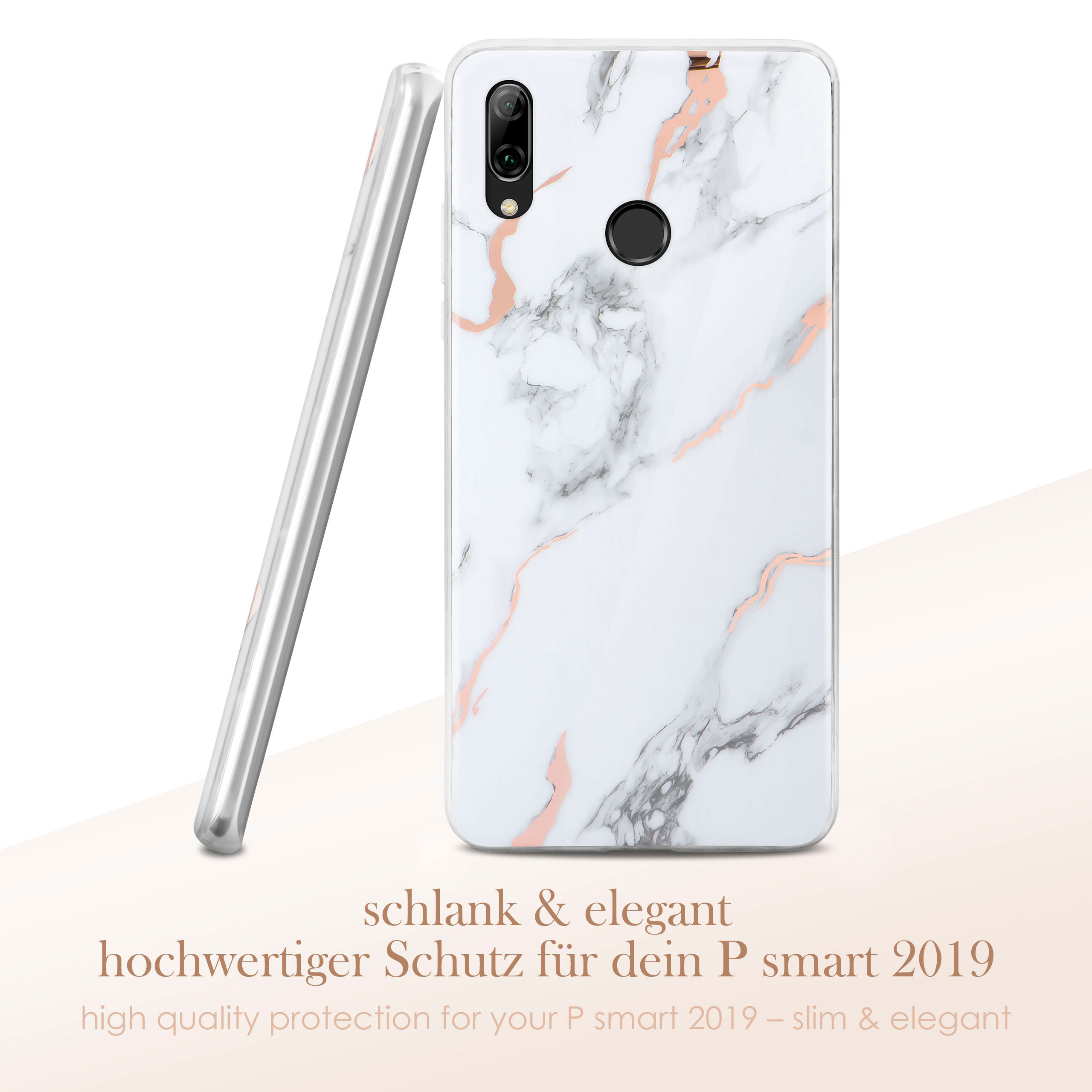 Weiße Marmor-Handyhülle. Text: Hochwertiger Schutz für Ihr P smart 2019.