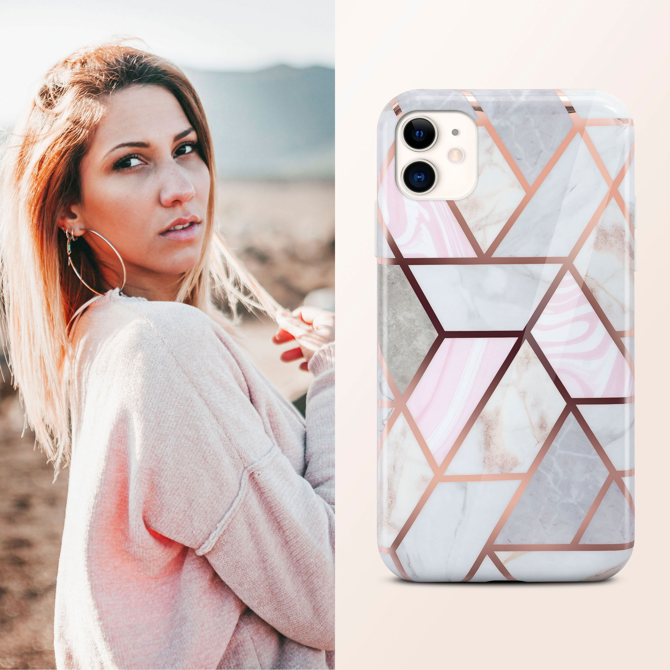 Eine Frau mit roten Haaren posiert neben einer Handyhülle mit Marmor- und geometrischem Design.