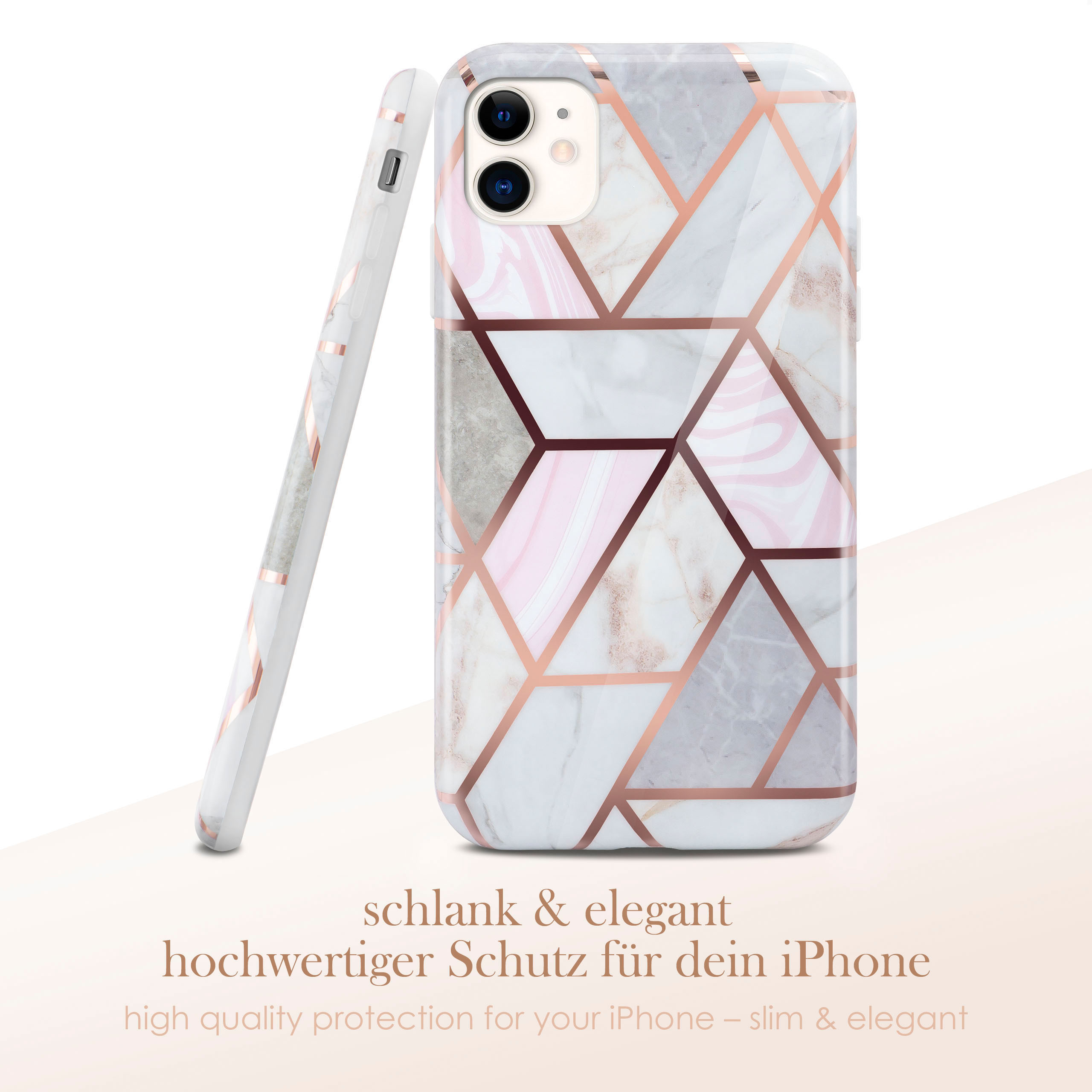 Weißes Handycase mit Marmordesign und roségoldenen Akzenten. Text: schlank & elegant, hochwertiger Schutz.