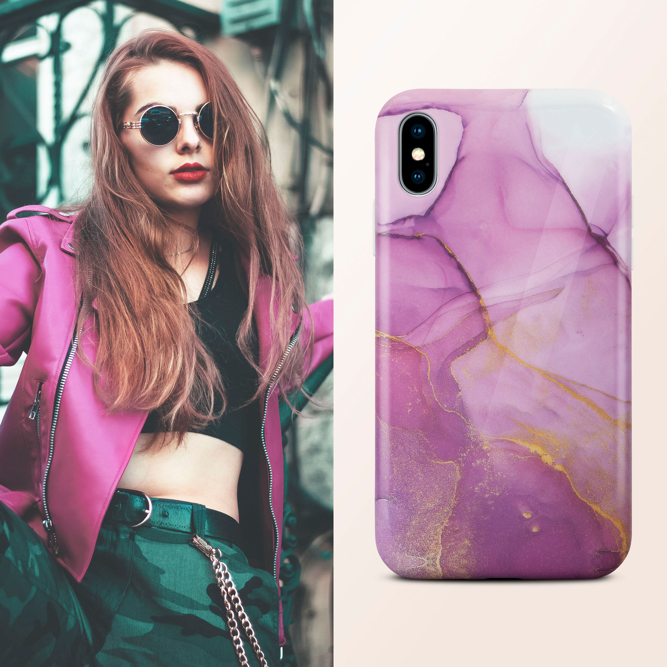Frau mit Sonnenbrille und rosa Jacke. Handyhülle mit abstraktem lila Design.