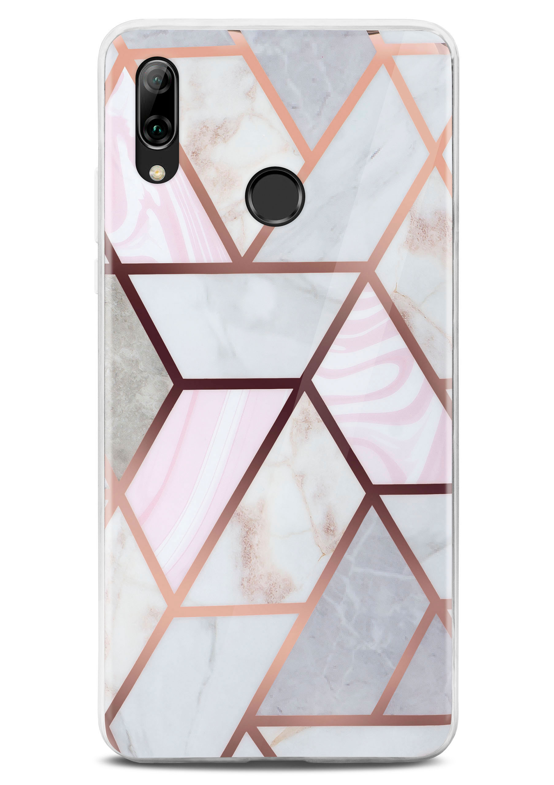 Handyhülle mit Marmordesign und rosa Design. Das Telefon befindet sich in der Hülle. Weißer Hintergrund.