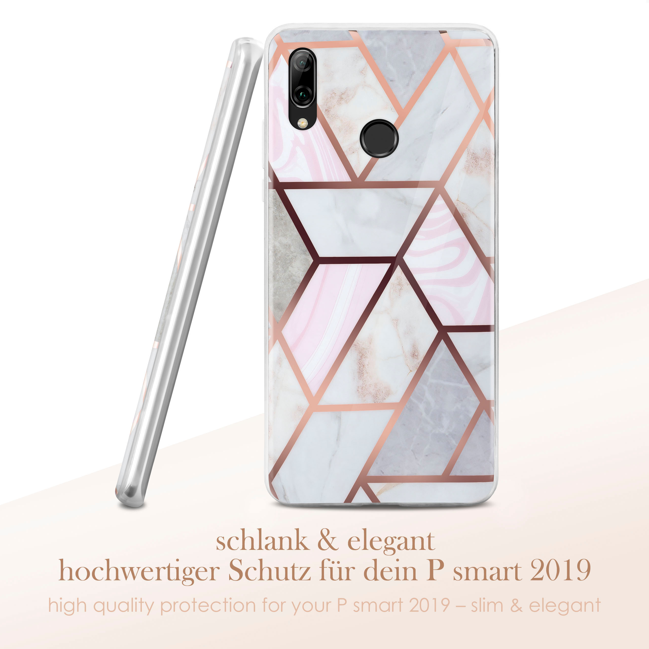 Handyhülle mit Marmormuster und geometrischen Formen. Text: schlank & elegant, hochwertiger Schutz.