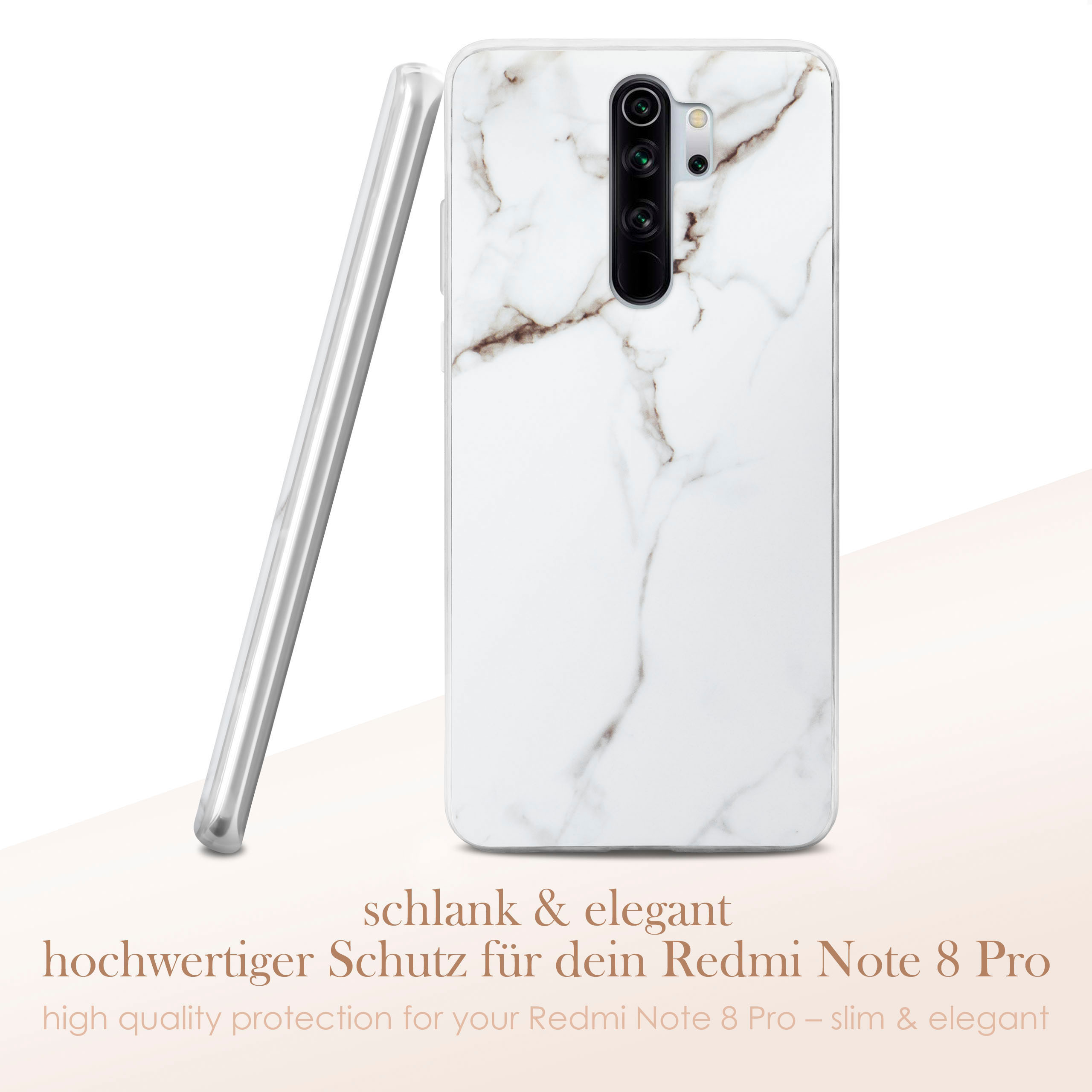 Handyhülle für Redmi Note 8 Pro. Weißes Marmor-Design mit braunen Streifen. Elegant.