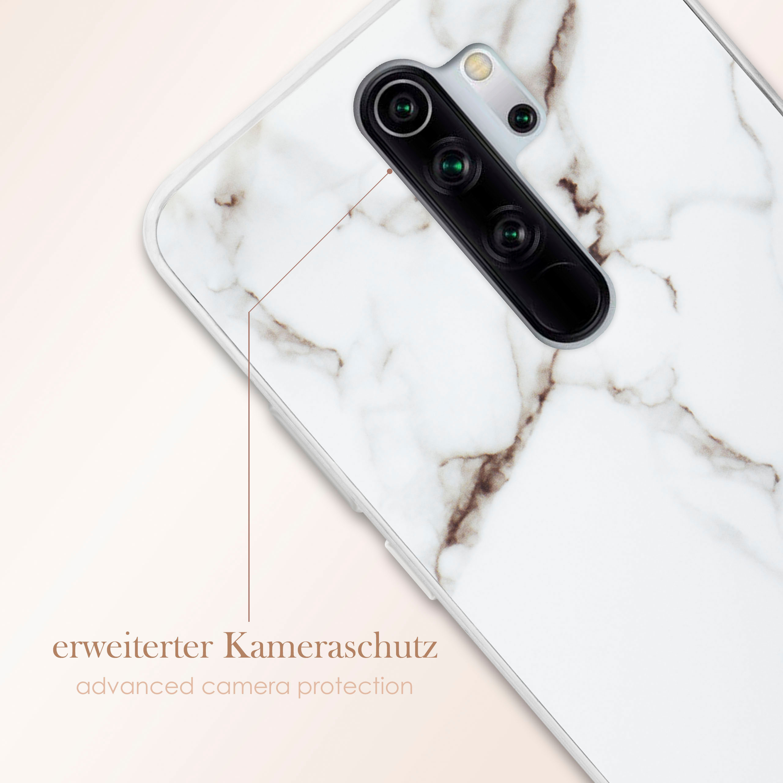 Handyhülle auf Marmor, Kamera sichtbar, geometrisches Design. Text: 'erweiterter Kameraschutz' (erweiterter Kameraschutz).