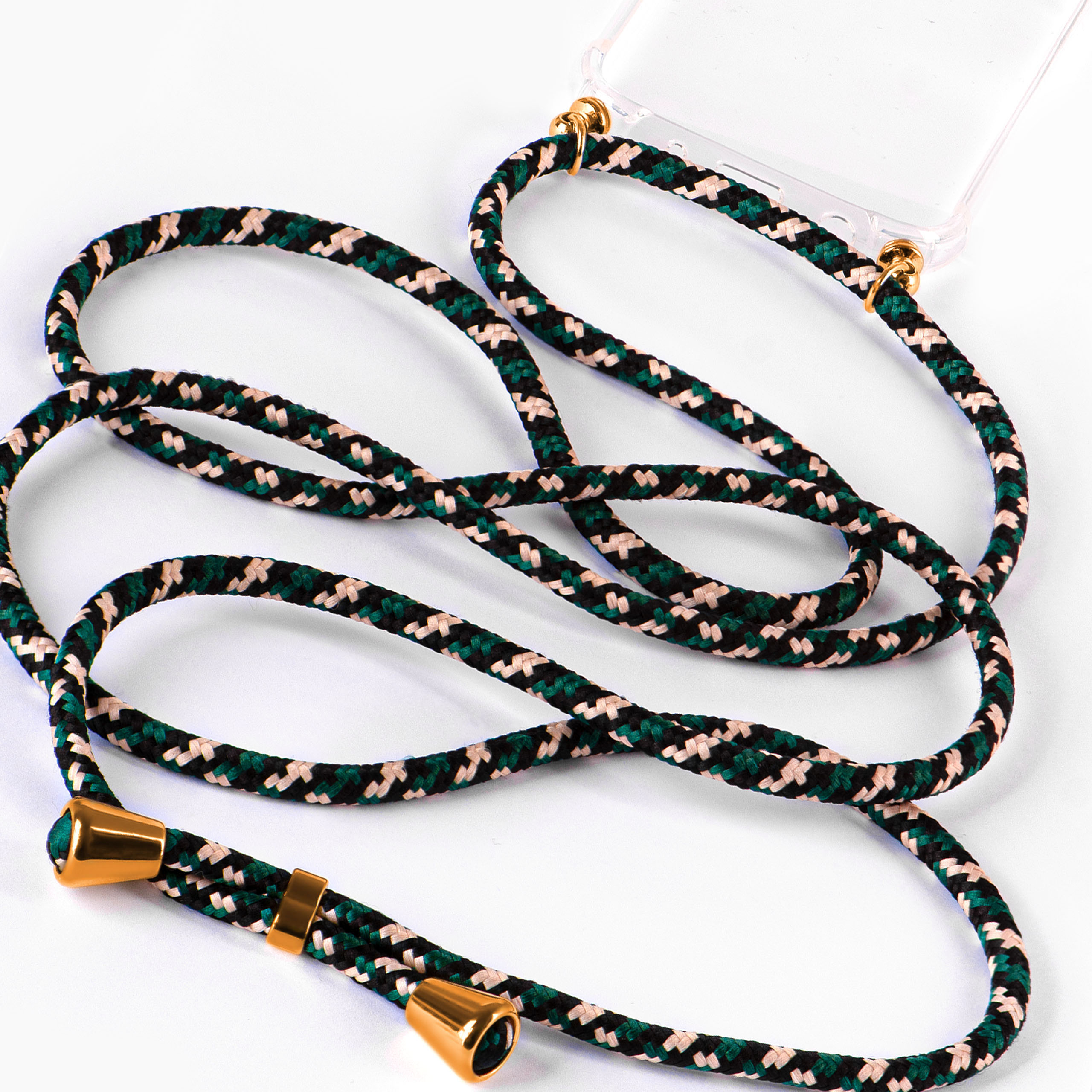 Telefon-Lanyard mit grünem, schwarzem und rosa geflochtenem Muster, goldfarbenen Akzenten.