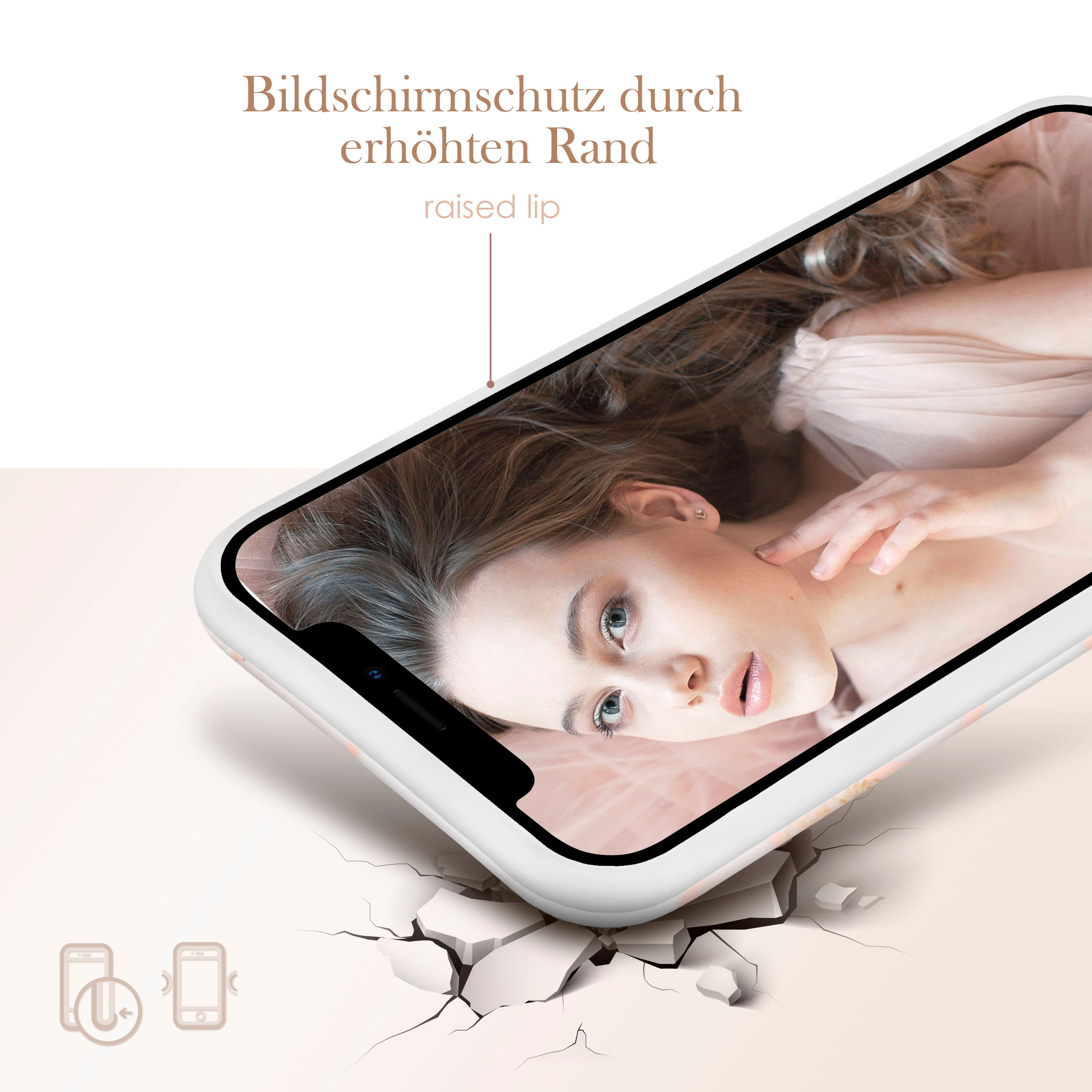 Telefon in einer Hülle mit Frauenbild, die Hülle liegt auf einer zerbrochenen Oberfläche.