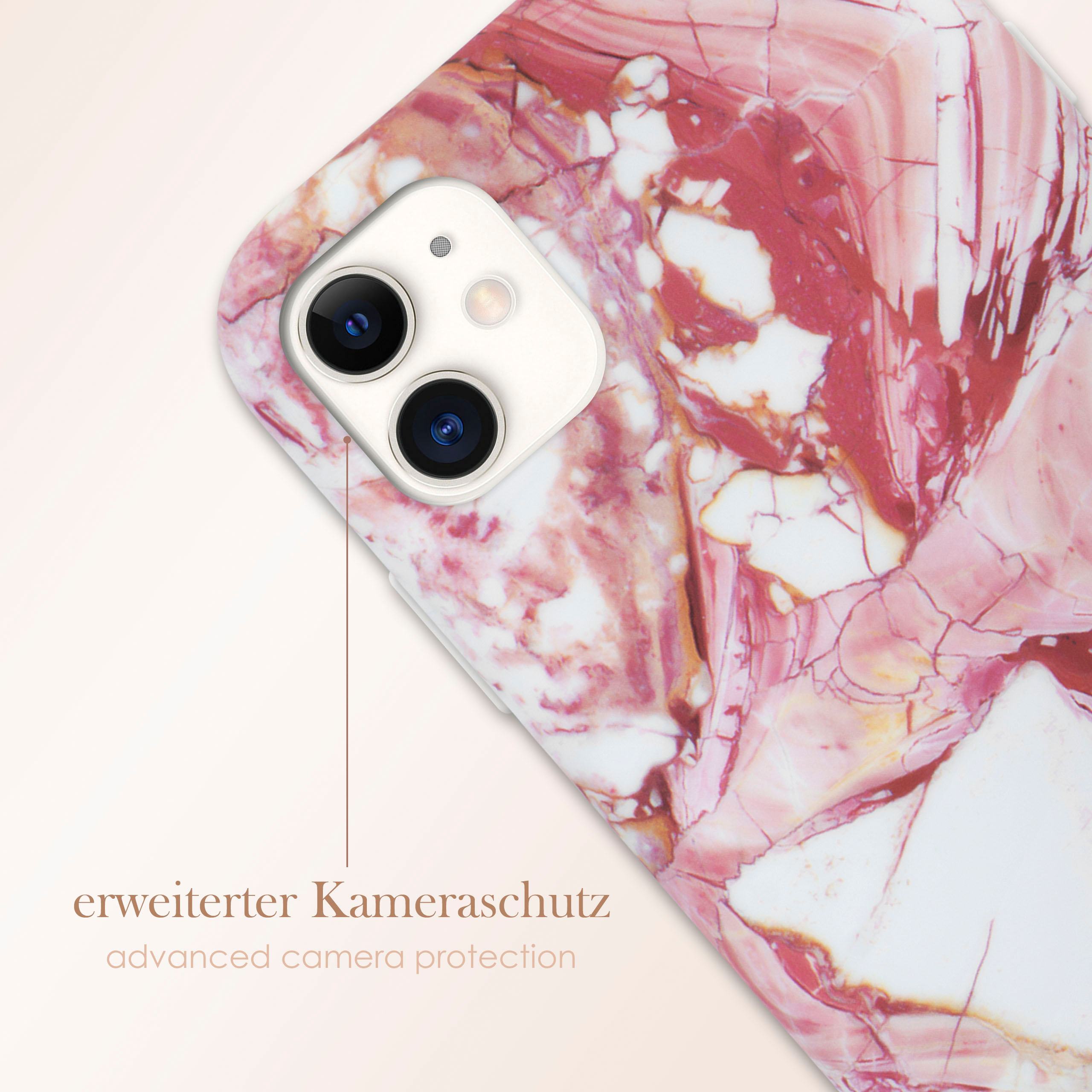 Nahaufnahme der Handyhülle. Rosa-weißes Marmor-Design. Erweiterter Kameraschutz.