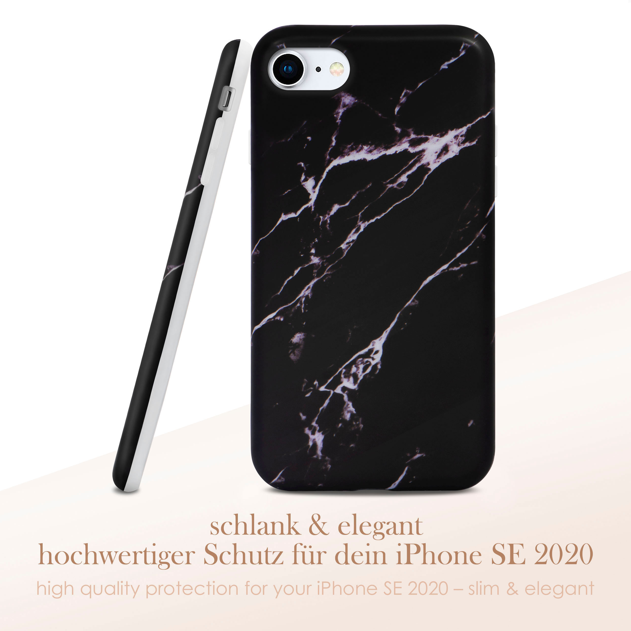 Schwarze Handyhülle, weiße Seite. Text: schlank & elegant, hochwertiger Schutz für Ihr iPhone SE 2020.