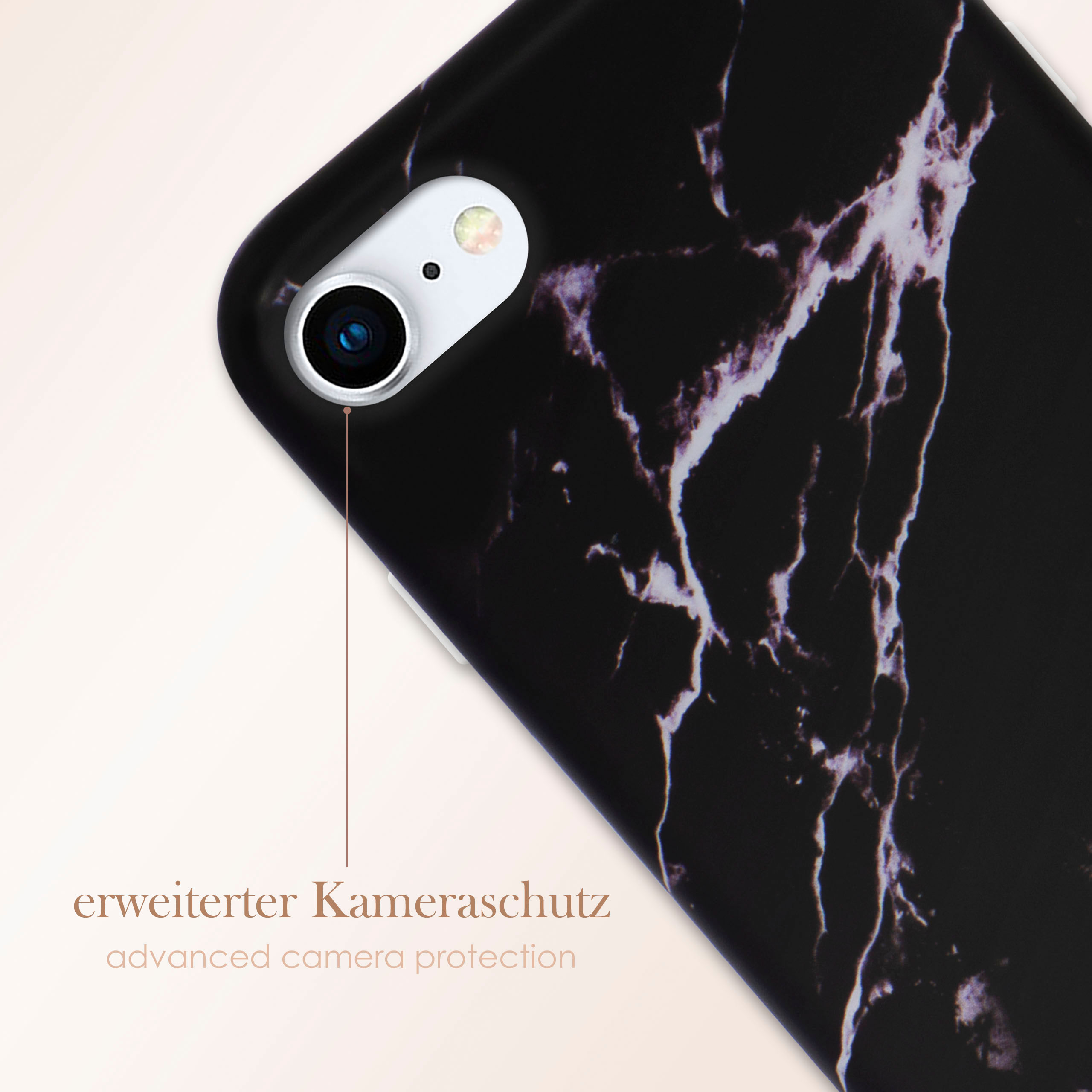 Schwarze Marmor-Handyhülle mit Kamera-Loch, bezeichnet mit „erweiterter Kameraschutz“.