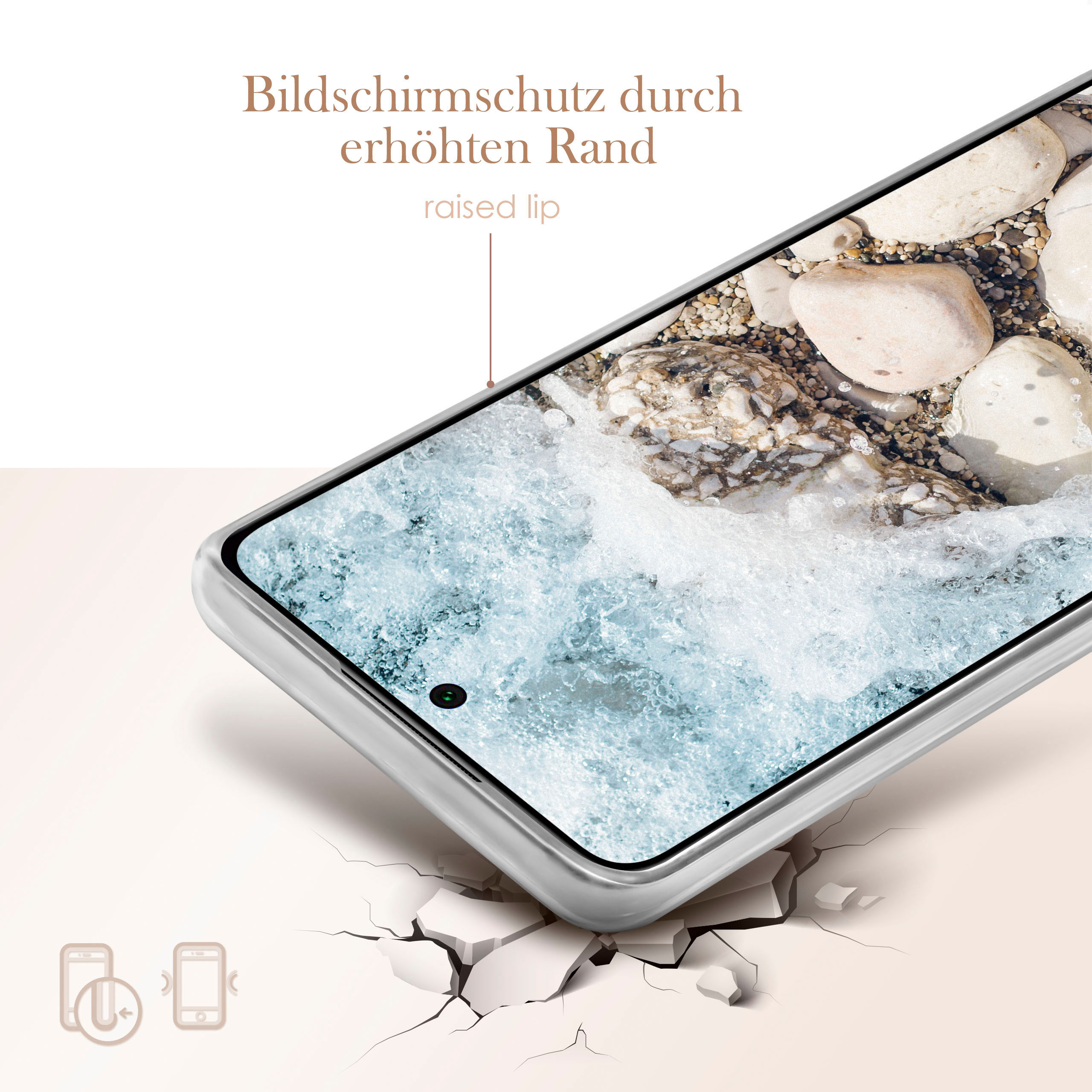 Handyhülle mit erhöhtem Rand, zeigt Felsen und Wasser. Text: Erhöhte Lippe. Zerbrochener Boden darunter.