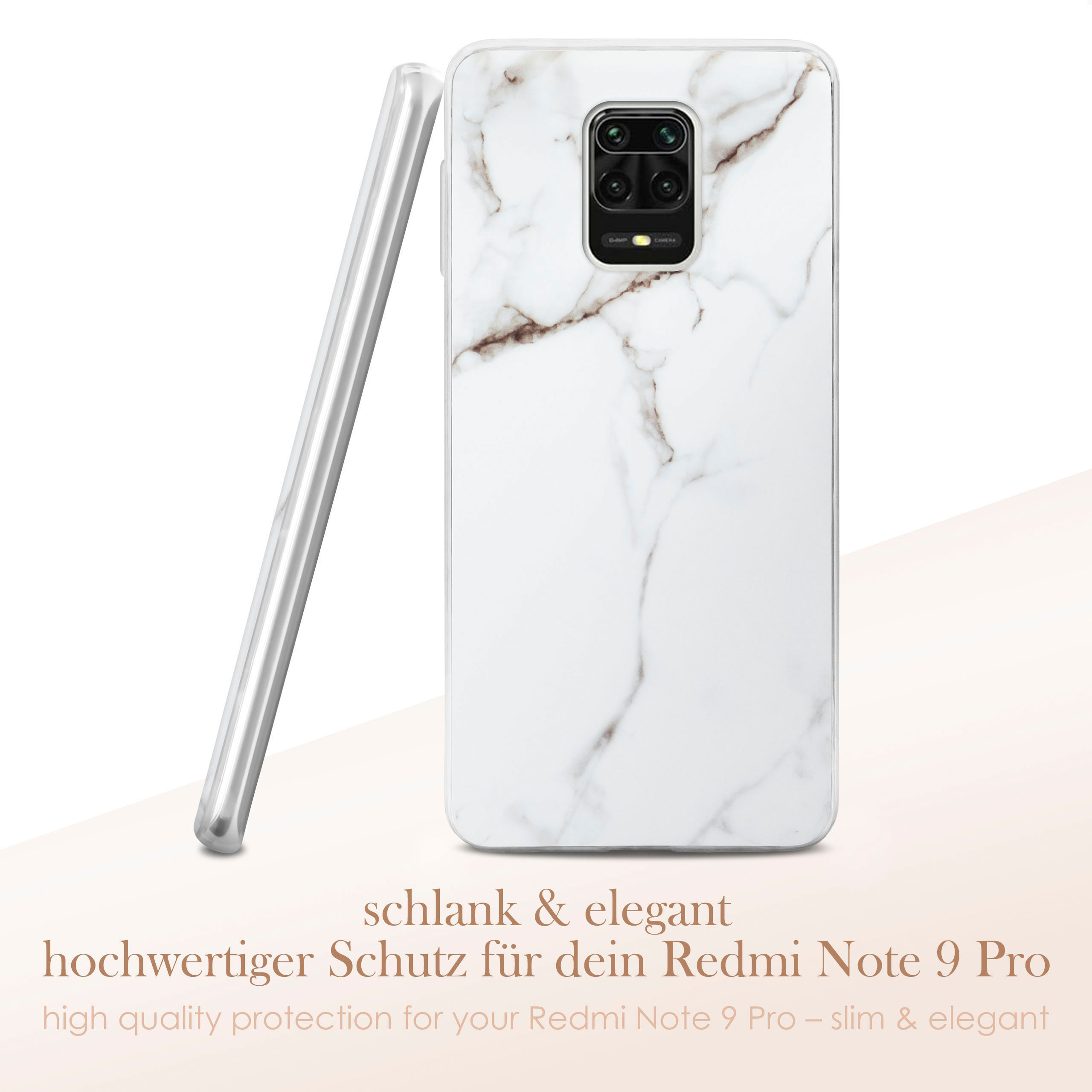 Weiße Handyhülle mit Marmordesign und Text.