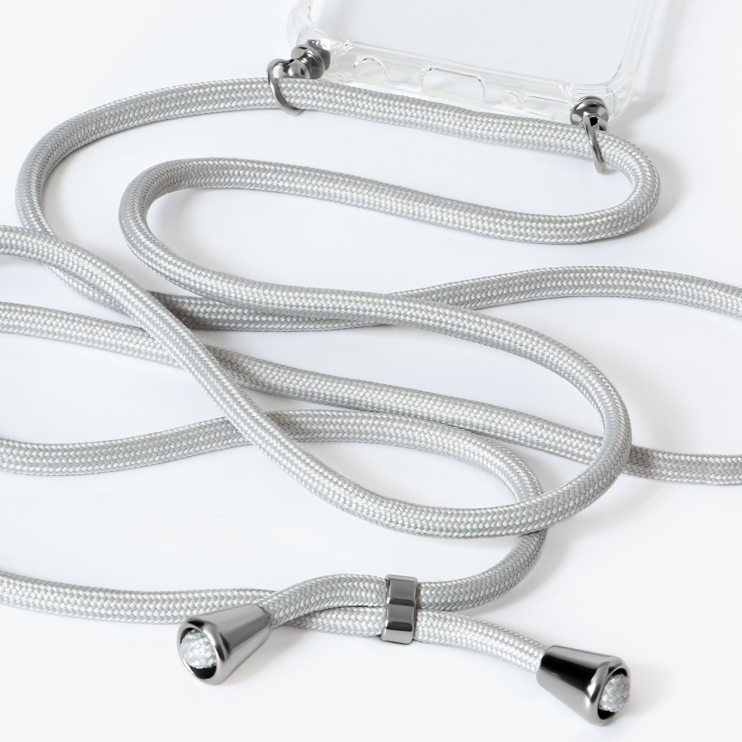 Silberfarbene geflochtene Handy-Lanyard mit silberfarbenen Metallenden und -verbindern. Transparente Handyhülle.