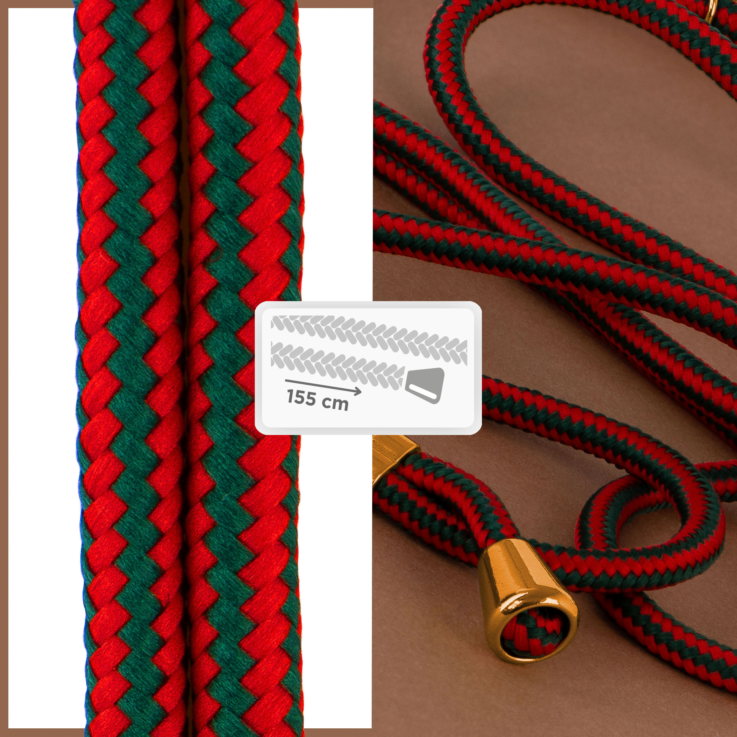 Rotes und grünes geflochtenes Telefon-Lanyard. Ein Diagramm zeigt eine Länge von 155 cm.