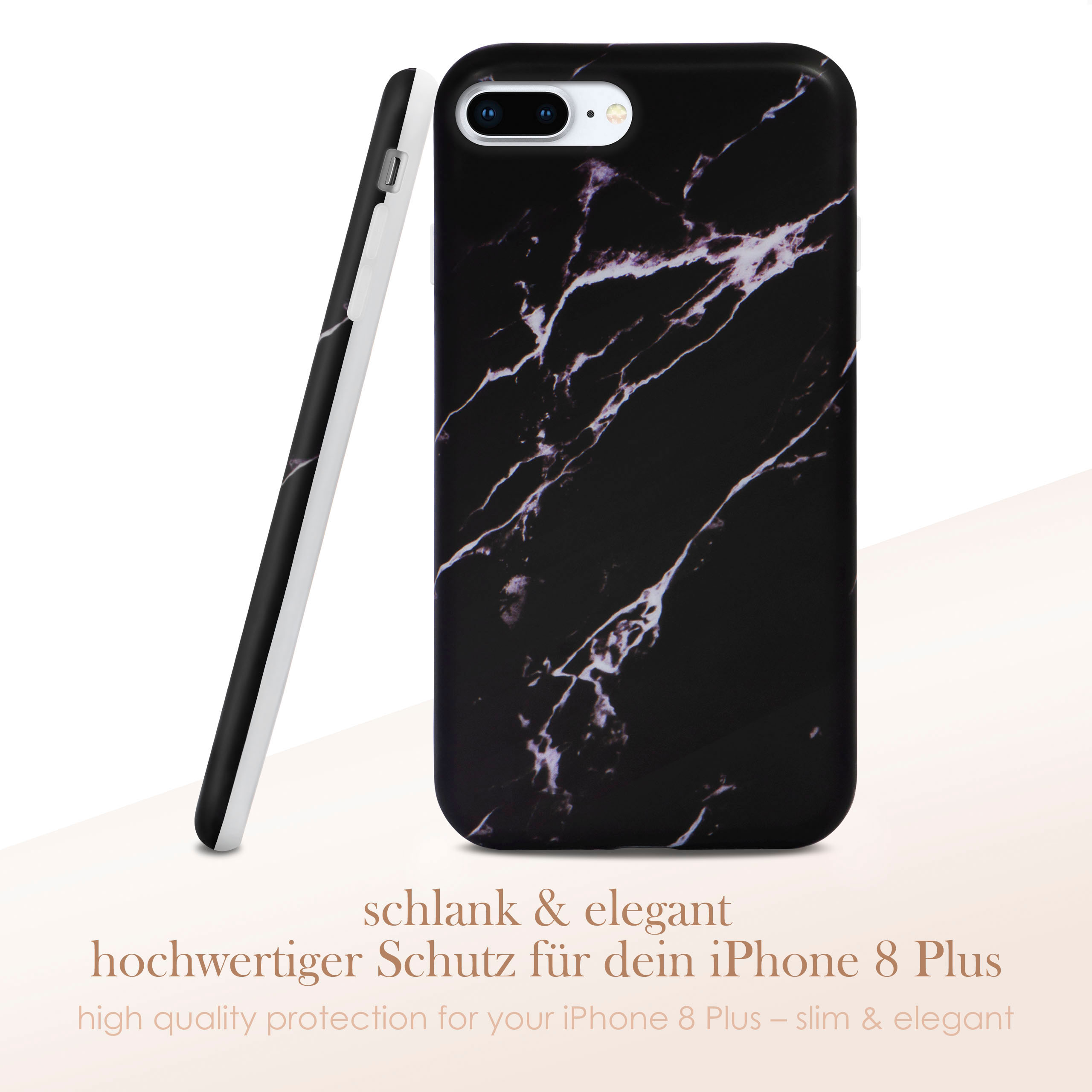 Handyhülle mit schwarzem Marmordesign, weißen Details und weißem Hintergrund.