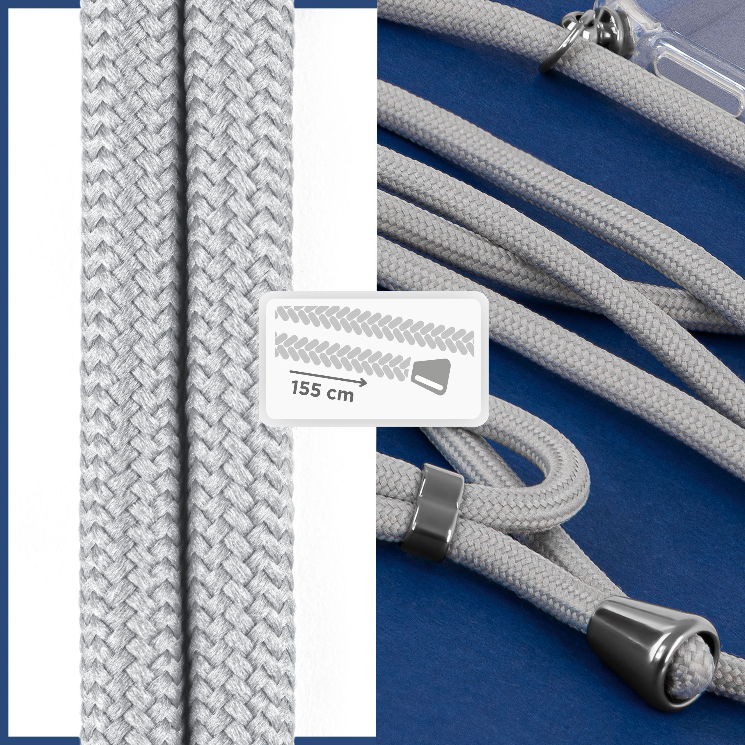 Nahaufnahme eines grauen Telefon-Lanyards, das das geflochtene Muster und ein Messetikett zeigt.