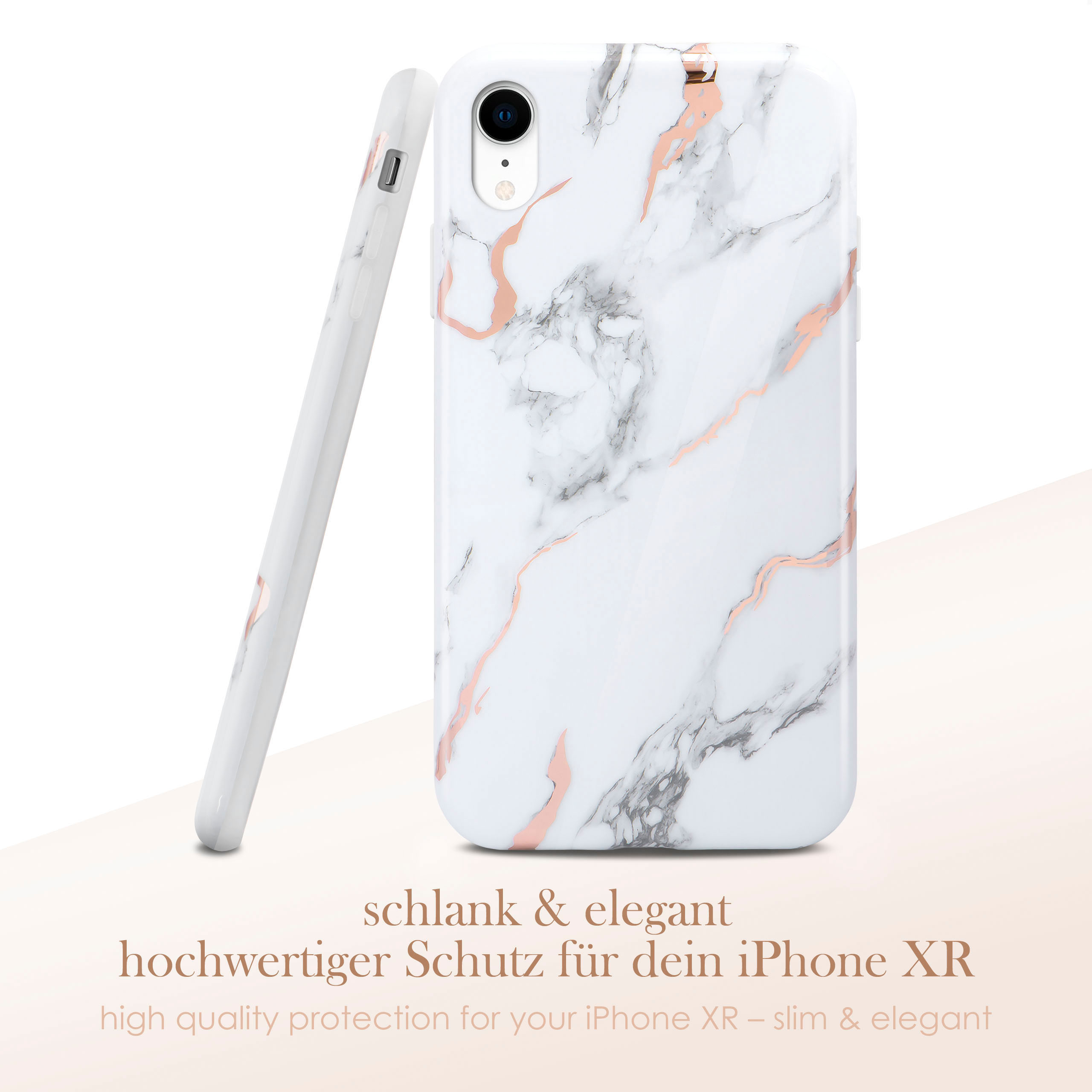 Weiße Marmor-iPhone XR Hülle mit Roségold-Akzenten, schlankes und elegantes Design.