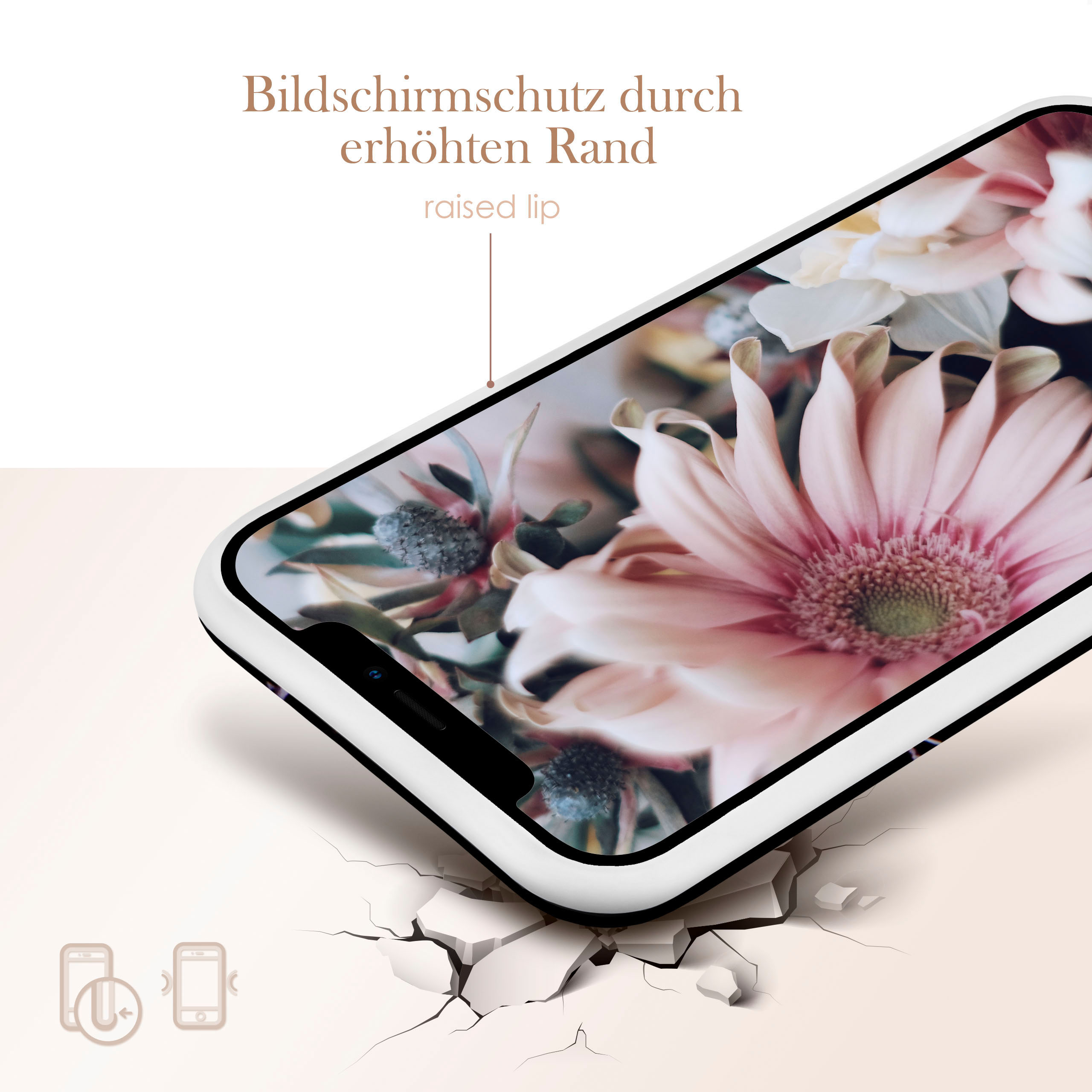 Eine Handyhülle mit floralem Design und erhöhtem Rand. Die Hülle ist weiß und hat einen schwarzen Rand.