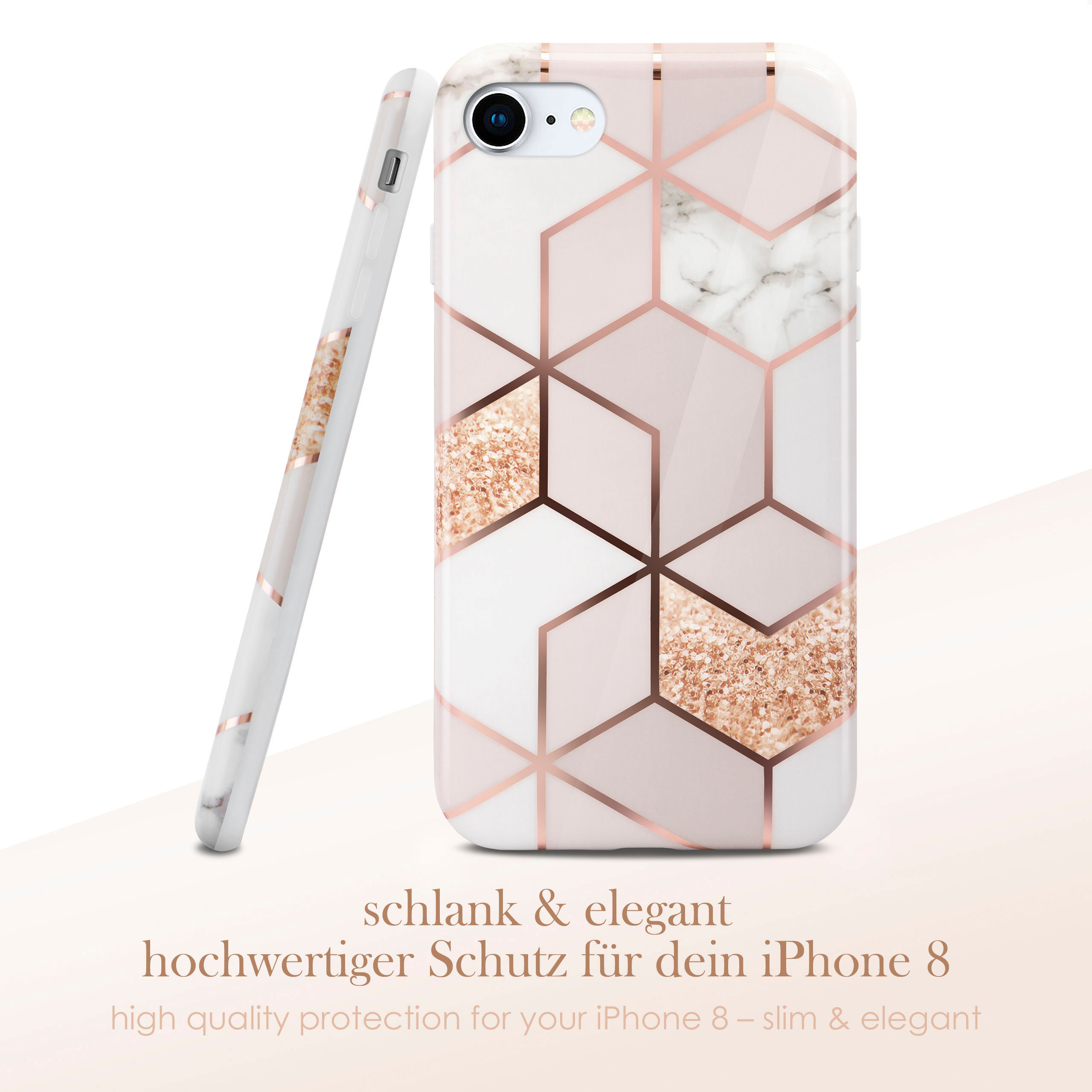 Weiße Handyhülle mit geometrischem Roségold-Design und Text auf weißer Oberfläche.