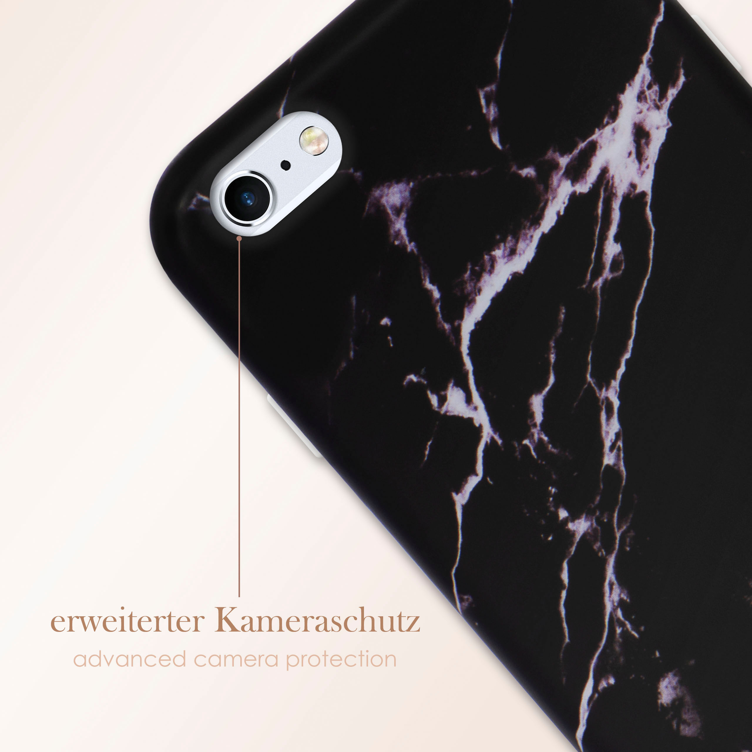 Schwarze Marmor-Handyhülle. Kamera und Blitz sind sichtbar. Text: erweiterter Kameraschutz.