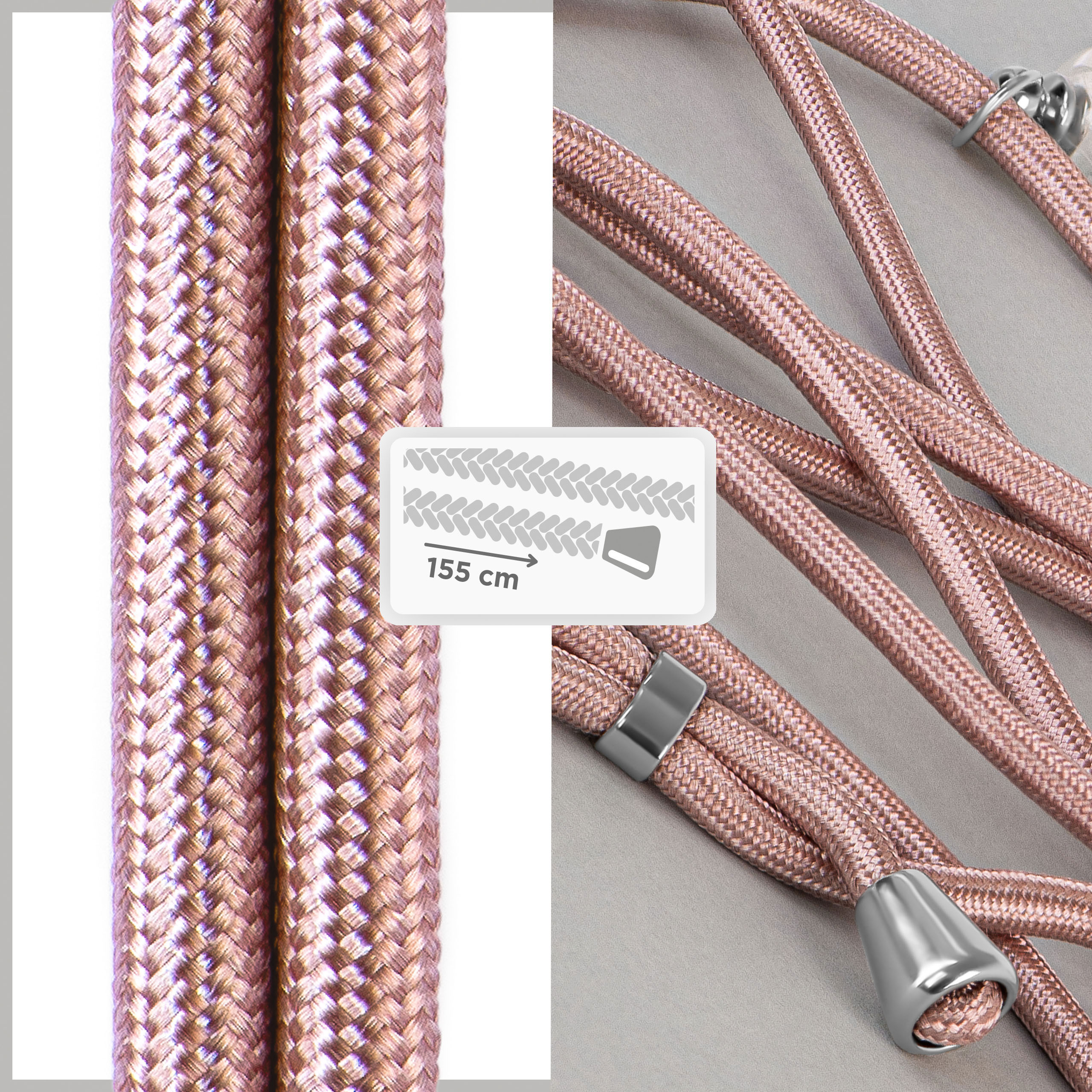 Geflochtene Telefonriemen in Roségold, mit Metallakzenten und Längenanzeige.