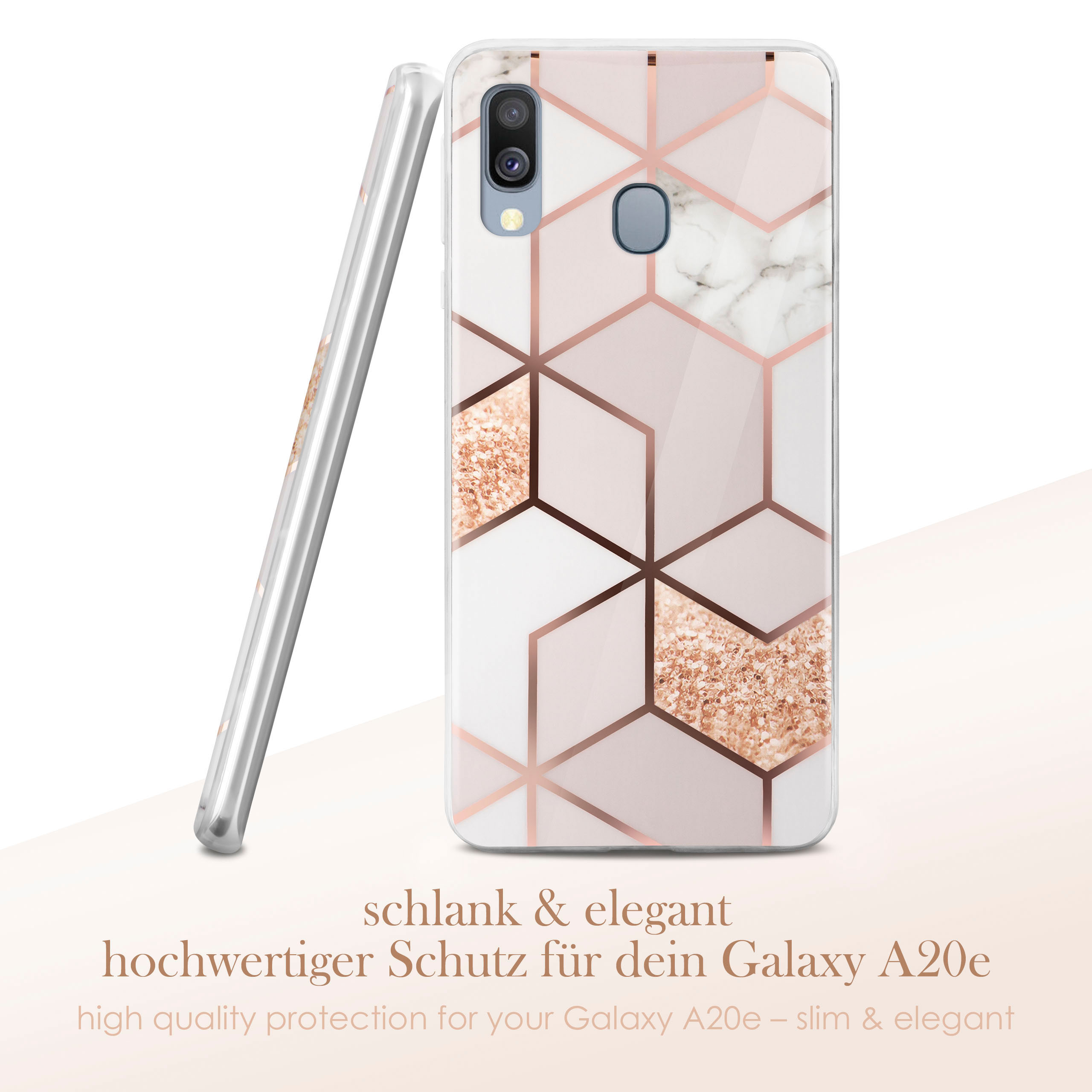 Eine Handyhülle mit geometrischem Marmordesign, darunter Text.